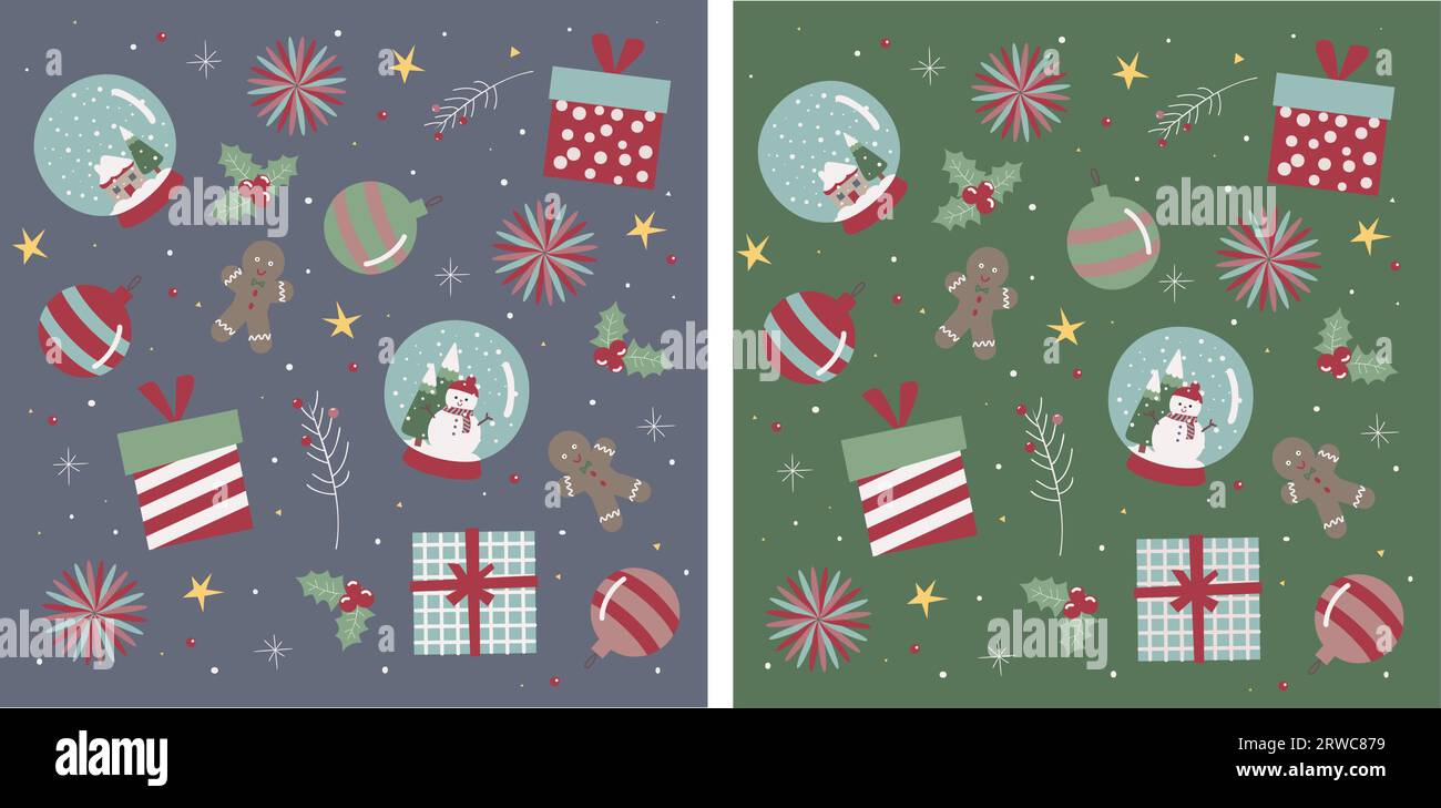 Motif de Noël sans couture avec ornements, cadeaux, boule de neige et pain au gingembre en vert et bleu Illustration de Vecteur