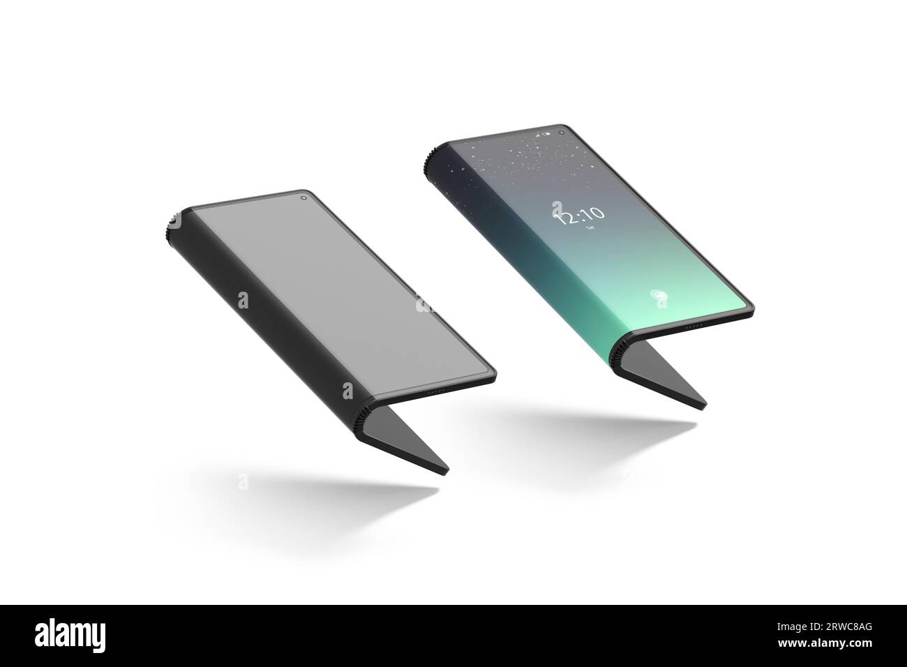 Activé Désactivé maquette à moitié pliée de l'affichage du livre flexible, rendu 3D. Multi-affichage à cadre élastique vide avec maquette d'écran de démarrage, isolé. CL Banque D'Images