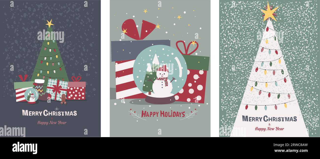 Ensemble de cartes de voeux Joyeux Noël avec des éléments traditionnels mignons Illustration de Vecteur