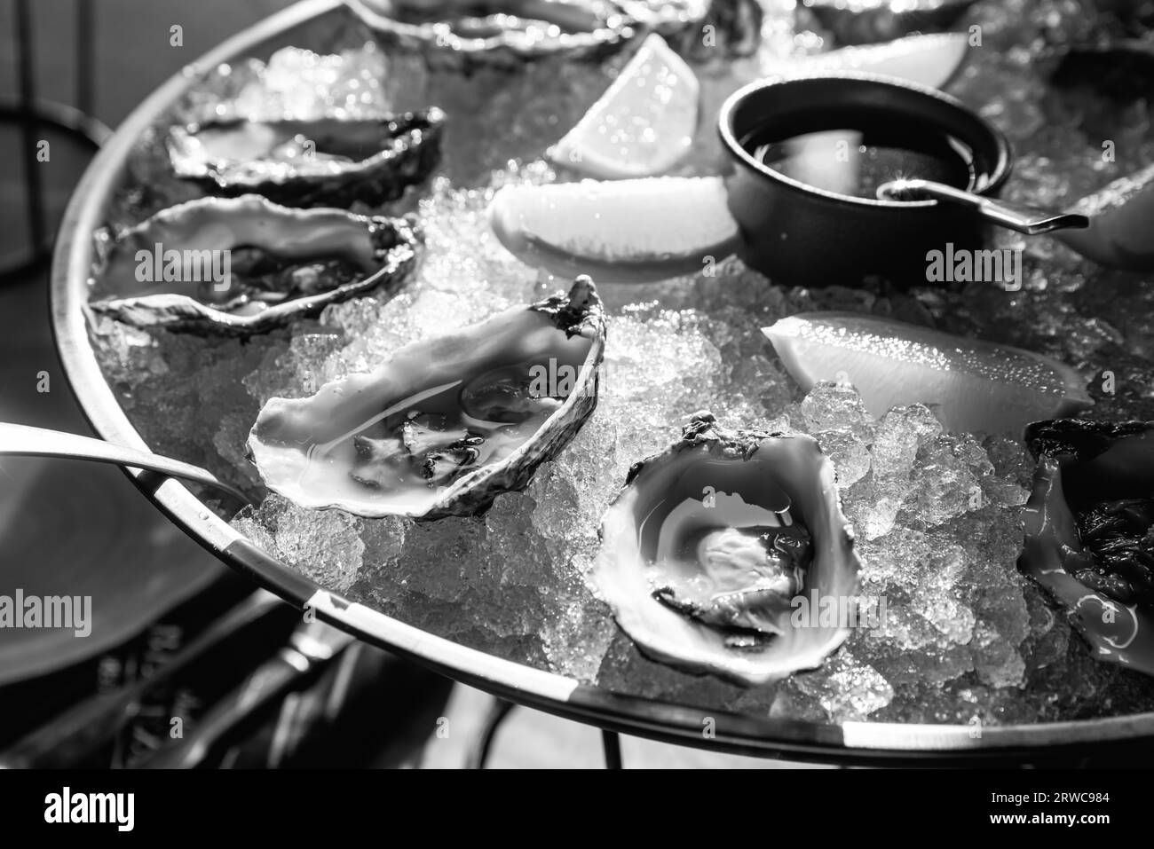 Huîtres sur plateau en métal avec glace, menu du restaurant citron, régime, recette de livre de cuisine Banque D'Images