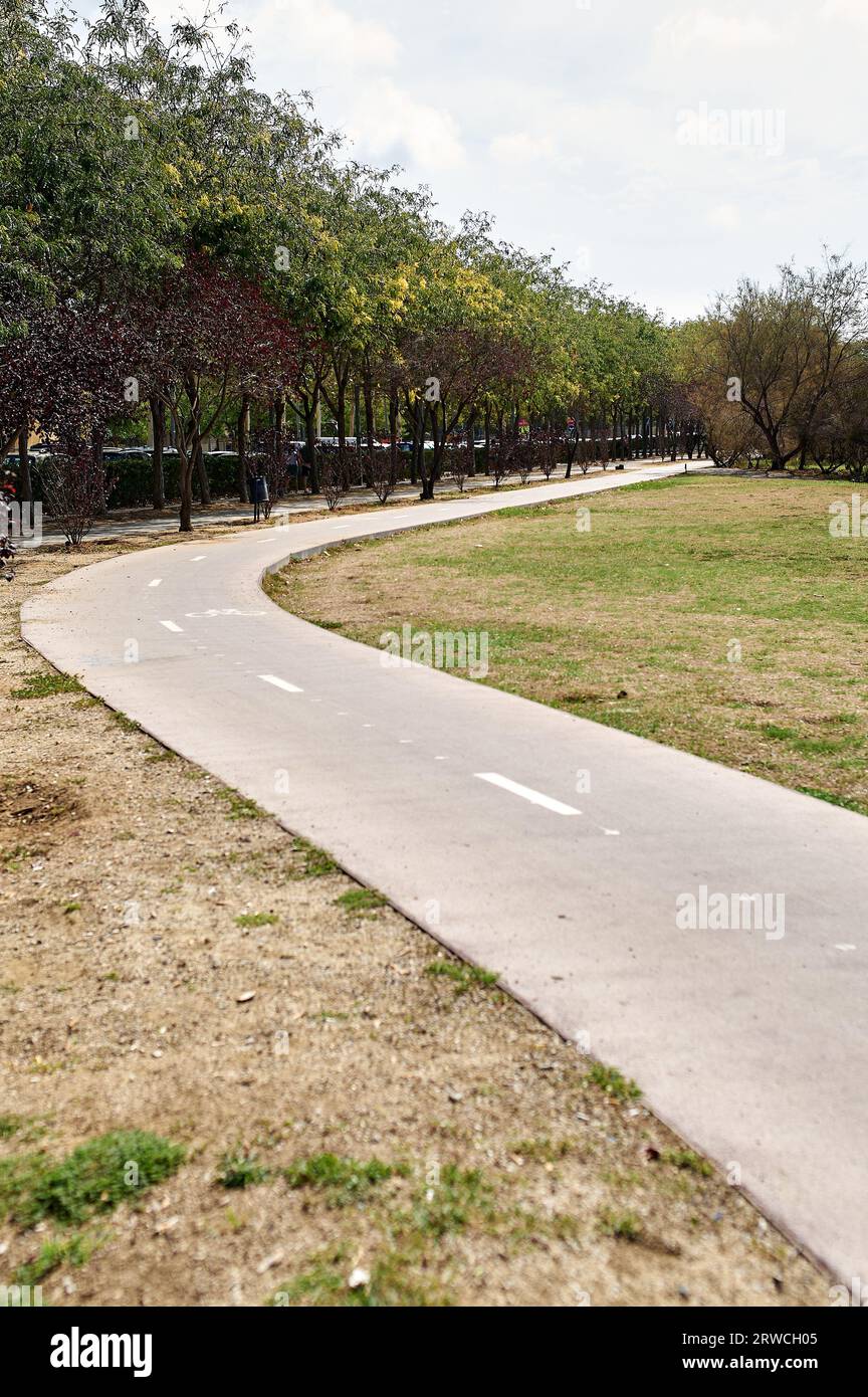 Piste cyclable et trottinette électrique au milieu d'un parc public vacant. Banque D'Images