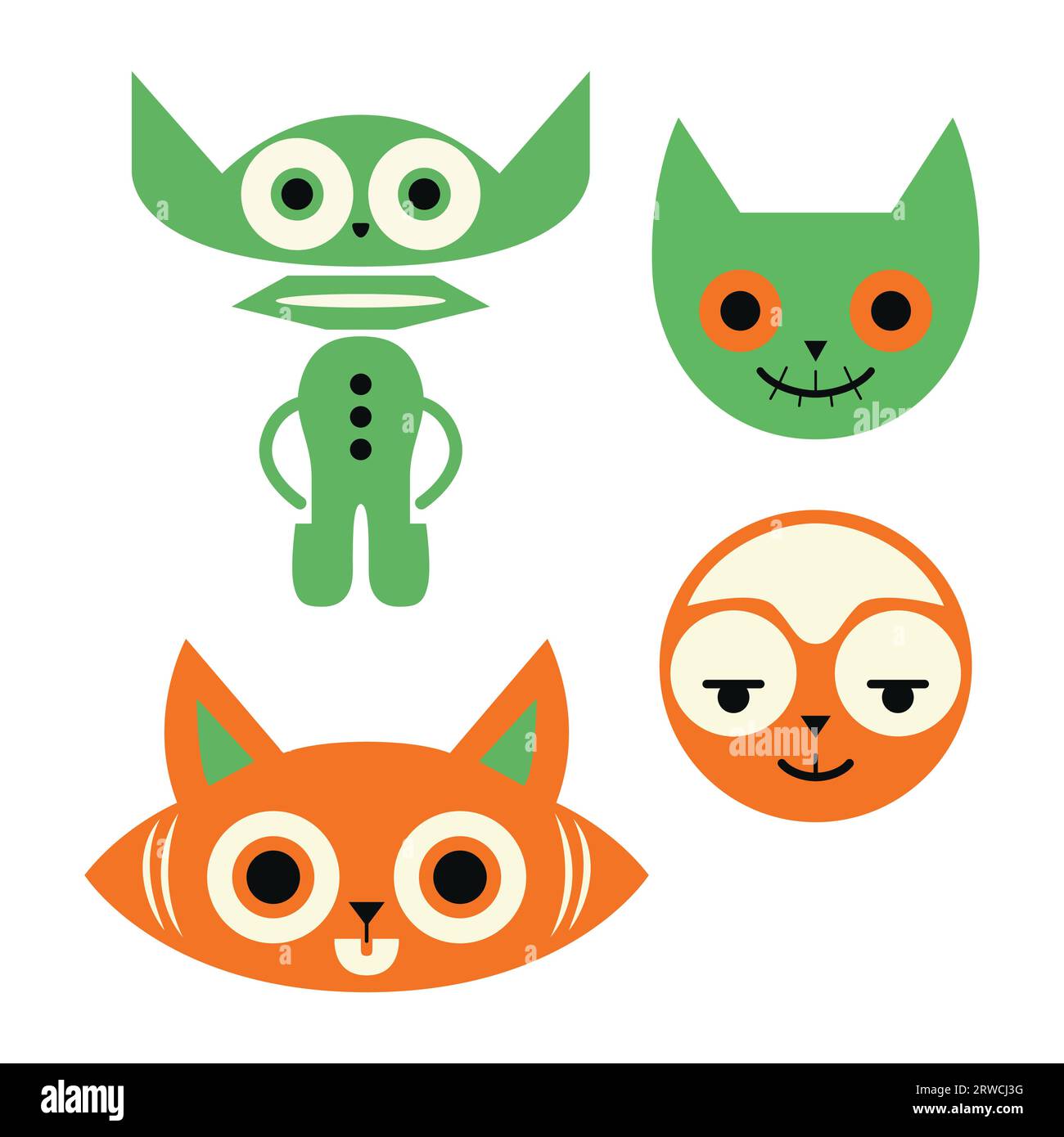Quatuor de chat abstrait en orange foncé et vert clair avec masques et totems. Rêve d'illustrateur minimaliste pour des projets créatifs Illustration de Vecteur