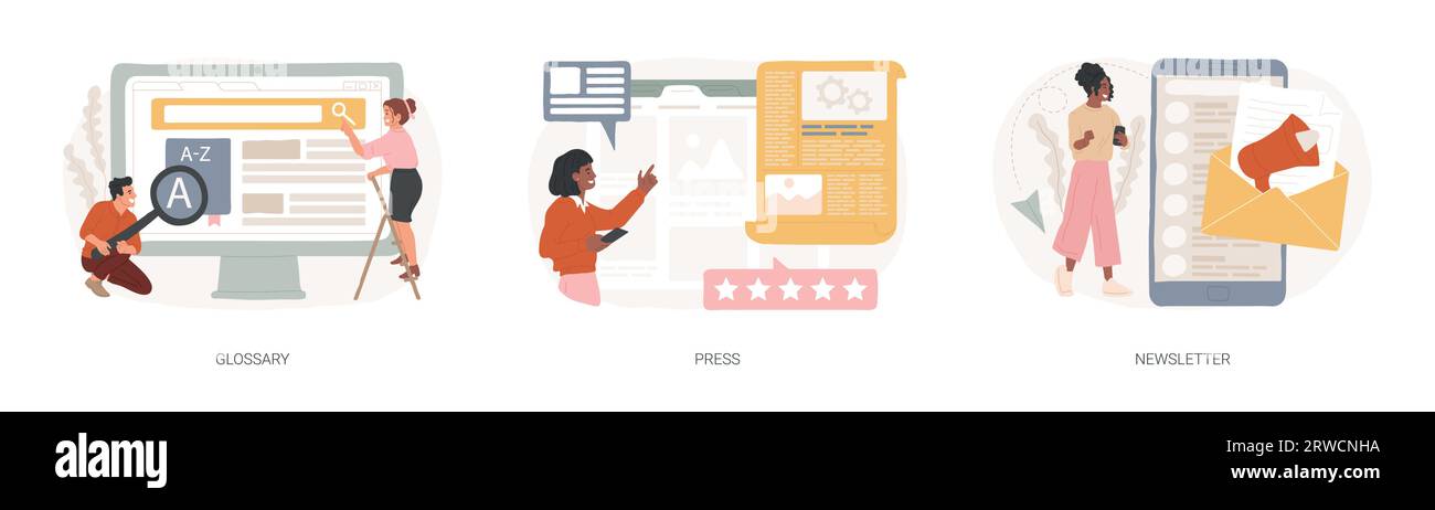 Société dernières nouvelles ensemble d'illustrations vectorielles de concept isolé. Glossaire et newsletter, page web presse, barre de menu, termes et dictionnaire, à propos de nous, landing page, obtenir des mises à jour, concept de vecteur de promotion. Illustration de Vecteur