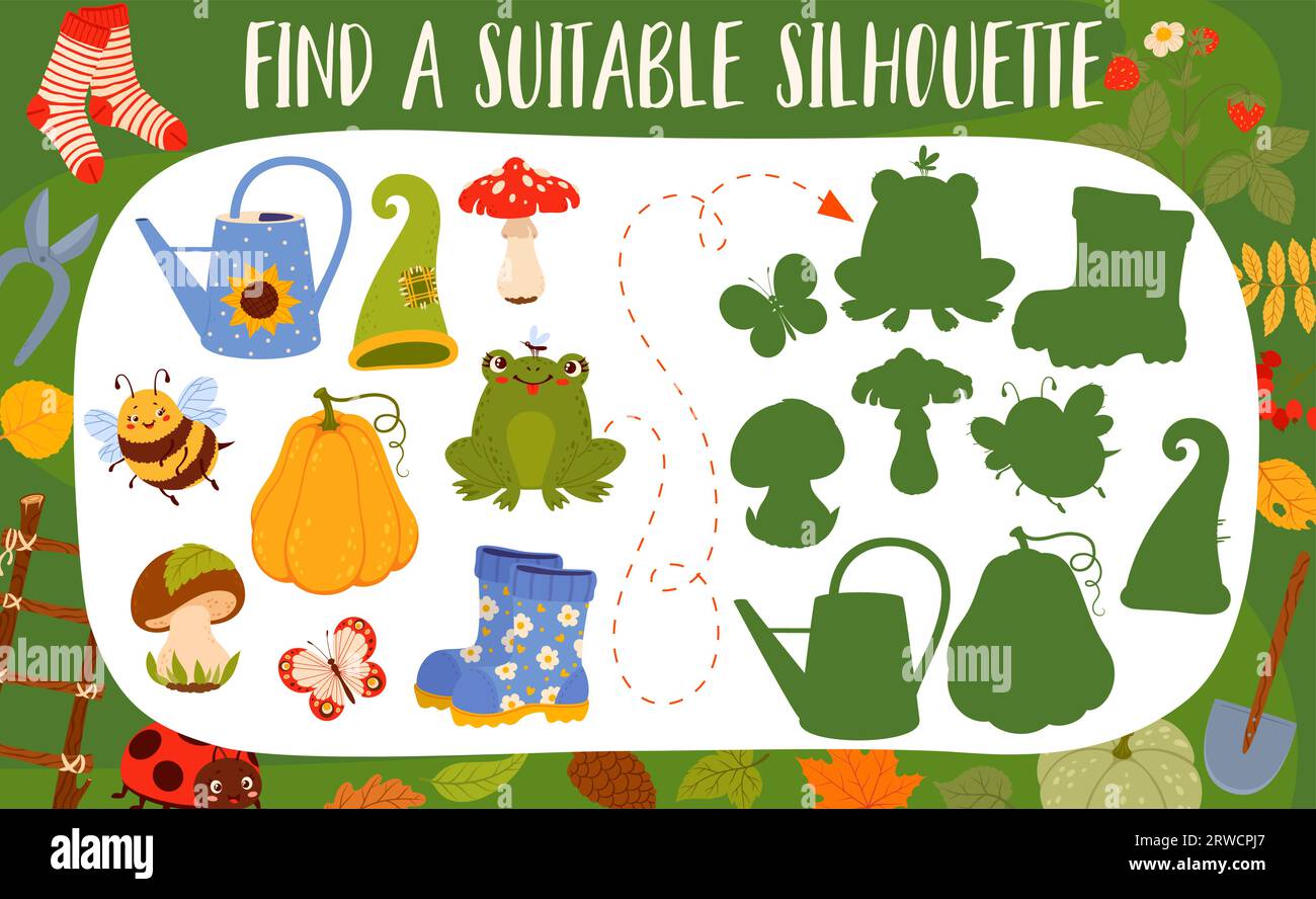 Trouvez un approprié de feuilles d'automne, d'animaux, de plantes et d'outils de jardin de gnome. Quiz enfant avec tâche de recherche de similarité, feuille de calcul de vecteur de jeu de match d'ombre avec arrosoir, citrouille, botte, champignon, bourdon Illustration de Vecteur