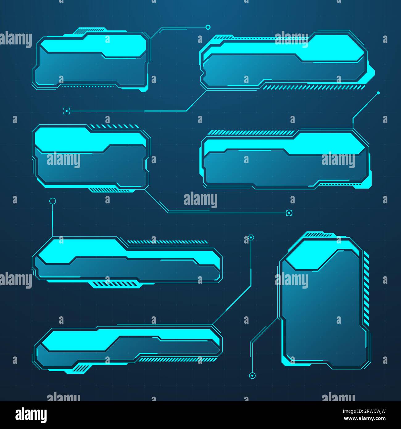 Éléments HUD ou UI futuristes bleus. Zones de texte et légendes de l'interface utilisateur SCI-fi. Cadres de message d'avertissement, modèle de zones d'information. Jeu moderne Illustration de Vecteur