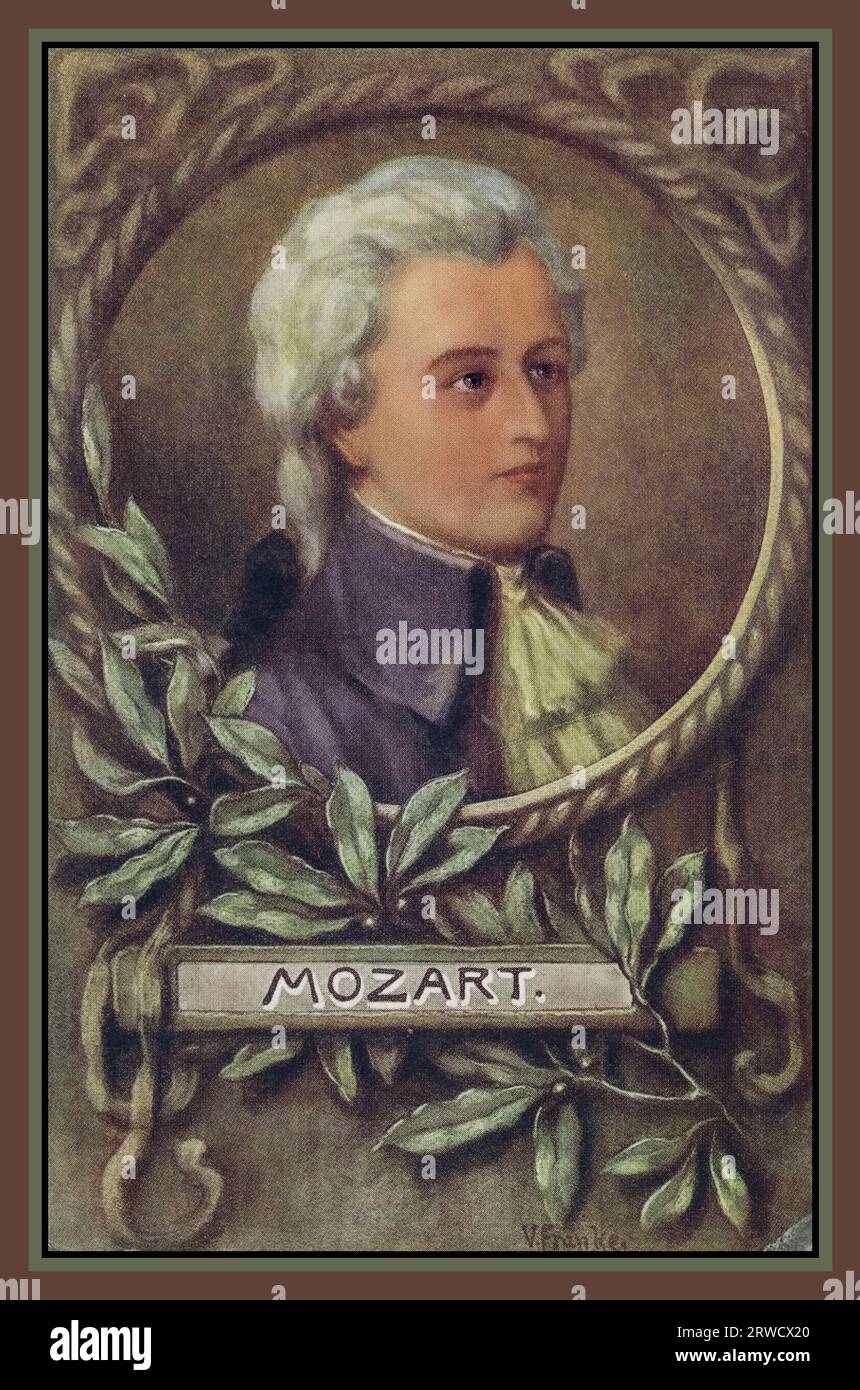 Années 1770 Wolfgang Amadeus Mozart, 1756 - 1791, jeune homme. Compositeur et musicien autrichien. PORTRAIT CARTE D'AFFICHE COMMÉMORATIVE D'UN JEUNE MOZART EN ROBE FORMELLE DE L'ÉPOQUE Banque D'Images