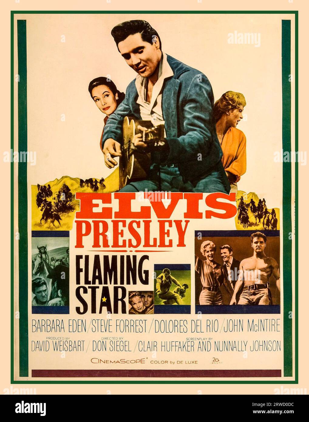 Flaming Star affiche de film vintage est un film américain de 1960 avec Elvis Presley, Barbara Eden et Steve Forrest, basé sur le livre Flaming lance (1958) de clair Huffaker. Les critiques ont convenu que Presley a donné l'une de ses meilleures performances d'acteur sous le nom de "Pacer Burton", un rôle dramatique. Le film a été réalisé par Don Siegel et avait un titre de travail de Black Star. Le film a atteint la 12e place des charts du box-office. Il a été filmé dans l'Utah et Los Angeles, Banque D'Images