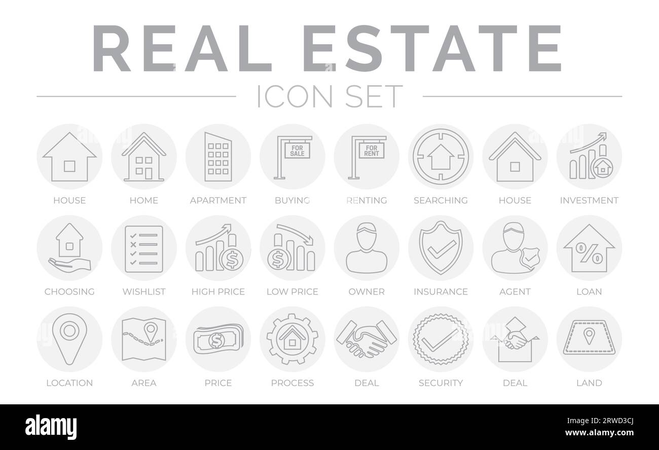 Gray Outline Real Estate Round Icon Set de maison, maison, appartement, achat, location, recherche, investissement, choix, liste de souhaits, Prix bas élevé, propriétaire, Illustration de Vecteur