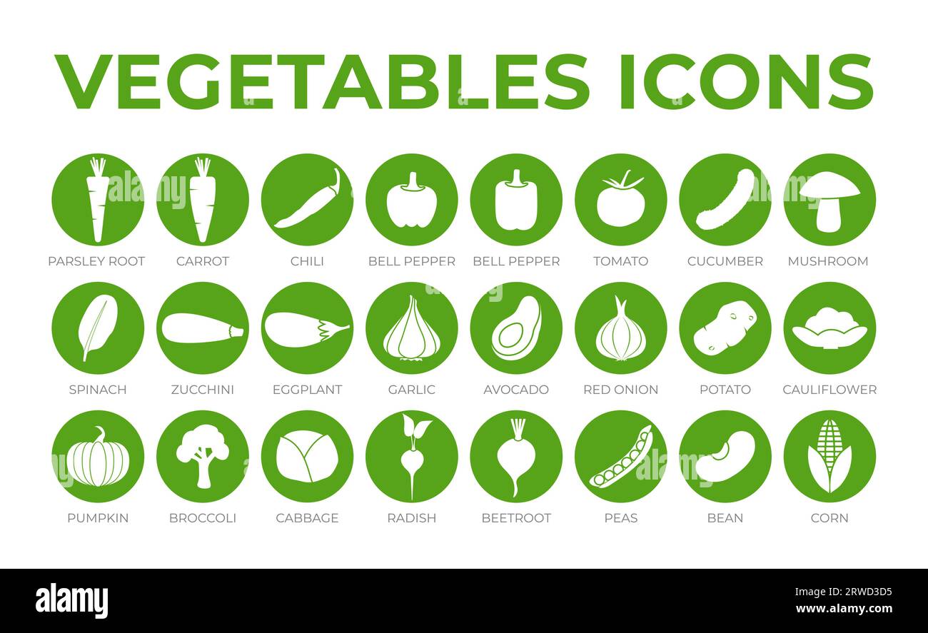 Vert légumes Round Icon Set de racine de Parsey, carotte, piment, paprika, poivre, tomate, concombre, champignon, épinard, courgette, aubergine, ail, Onio Illustration de Vecteur