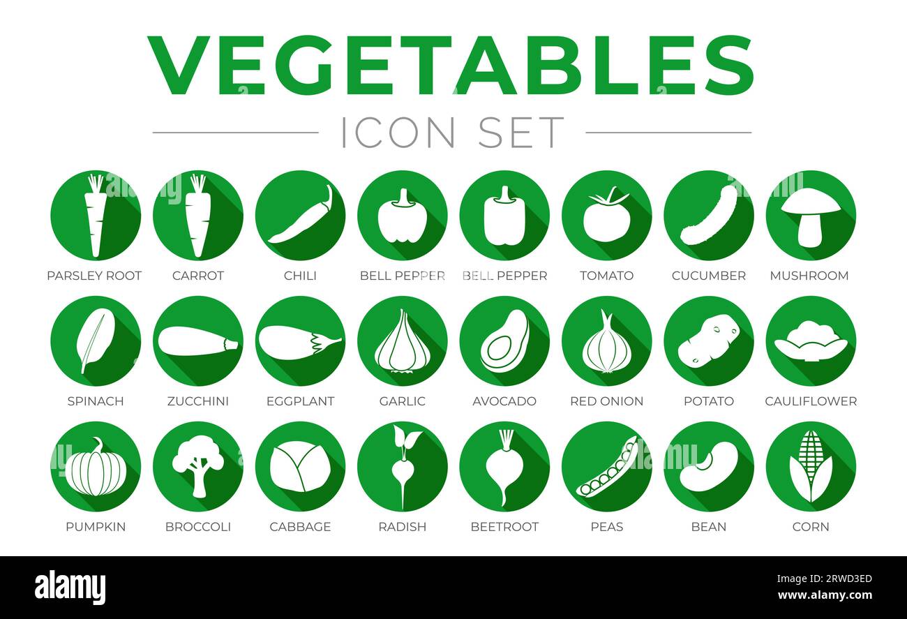Vert légumes plat rond icône Set de racine de Parsey, carotte, piment, paprika, poivre, tomate, concombre, champignon, épinard, courgette, aubergines, ail, Illustration de Vecteur
