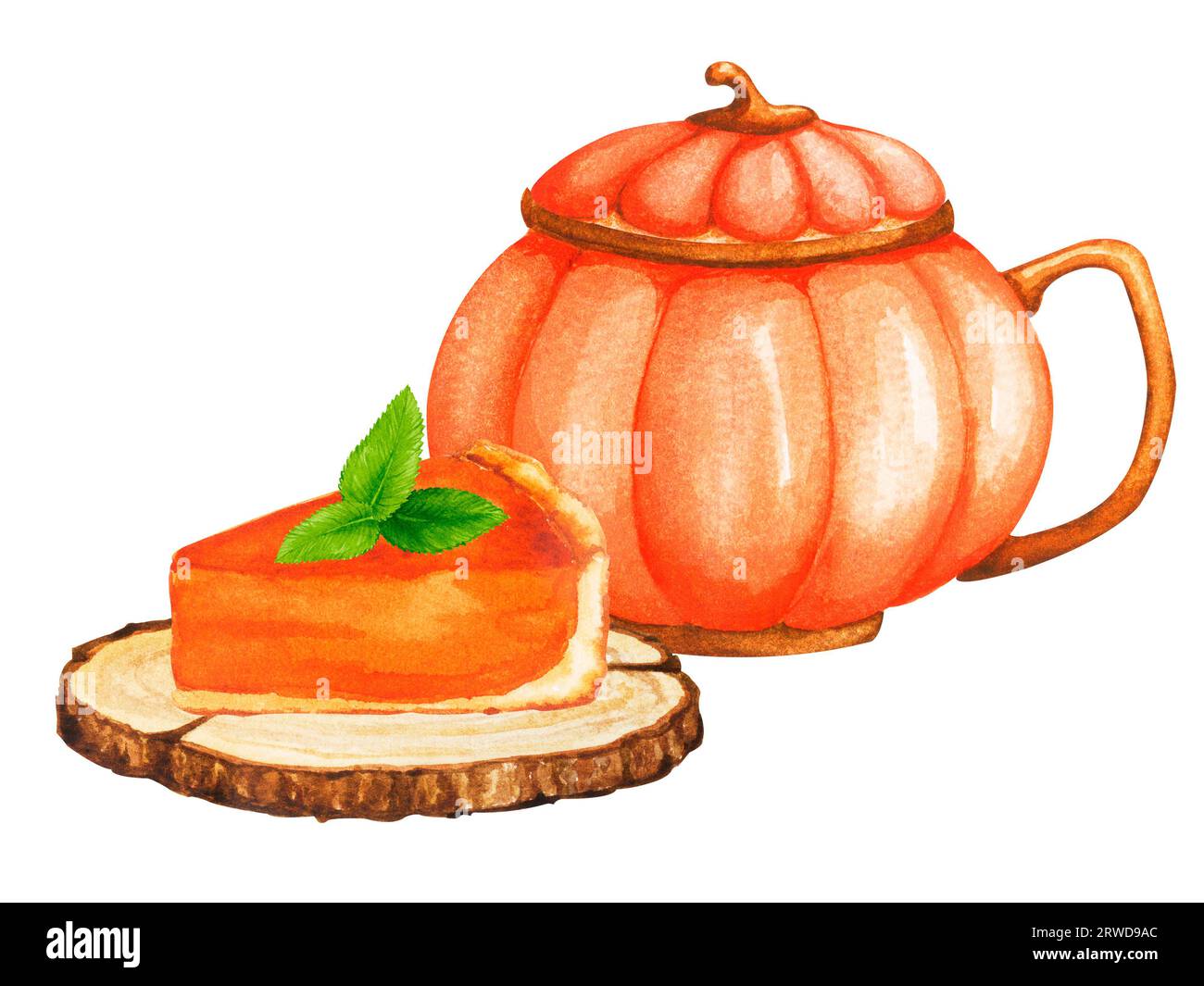 Belle tasse à citrouille et tarte à la citrouille. Boisson chaude. Décor d'automne, ambiance d'automne, maison confortable. Composition aquarelle pour la conception de cartes, invitations, poste Banque D'Images