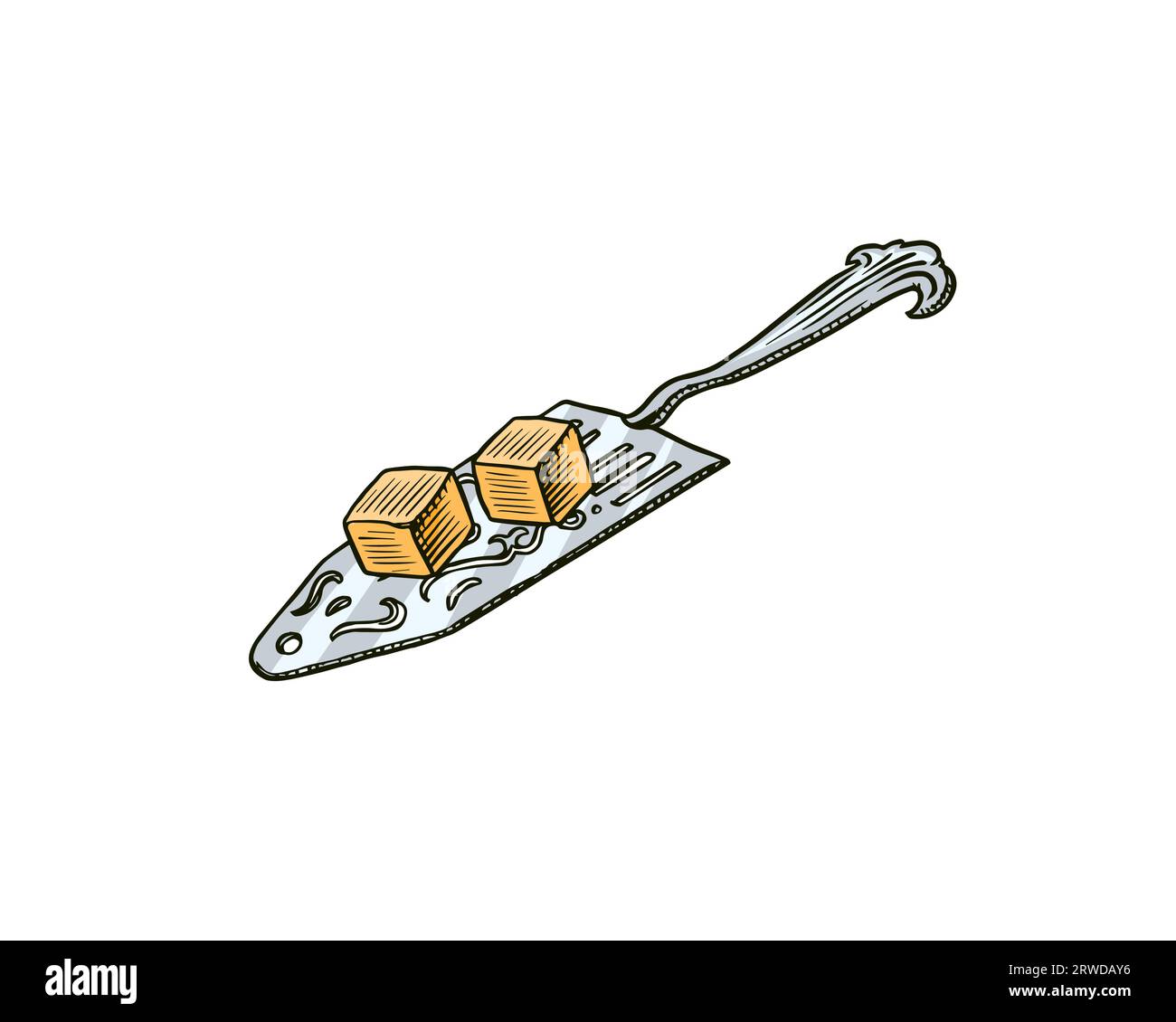 Cuillère avec des cubes de sucre de canne pour l'absinthe ou le thé. Étiquette pour affiche rétro. Croquis vintage gravé dessiné à la main. Style boisé Illustration de Vecteur