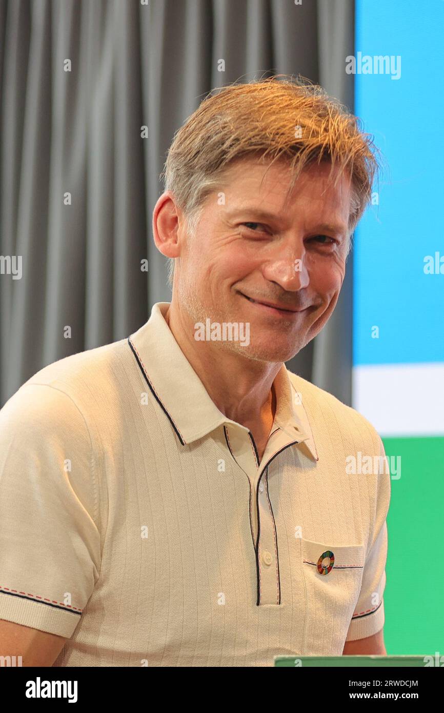 NY, États-Unis. 18 septembre 2023. Nations Unies, New York, États-Unis, 18 septembre 2023 - Nikolaj Coster-Waldau, acteur et producteur lors d'un presse à la SDG Media zone aujourd'hui au siège des Nations Unies à New York. Photo : Giada Papini Rampelotto/EuropaNewswire (image de crédit : © Luiz Rampelotto/ZUMA Press Wire) USAGE ÉDITORIAL SEULEMENT! Non destiné à UN USAGE commercial ! Banque D'Images