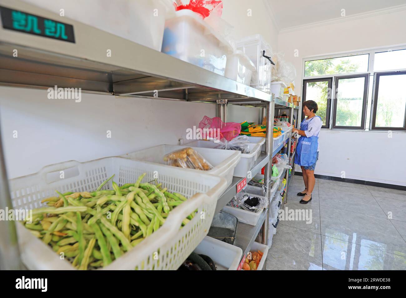 COMTÉ de LUANNAN, Chine - 8 juillet 2021 : le personnel de la cantine trie les légumes dans la salle de stockage en Chine rurale Banque D'Images