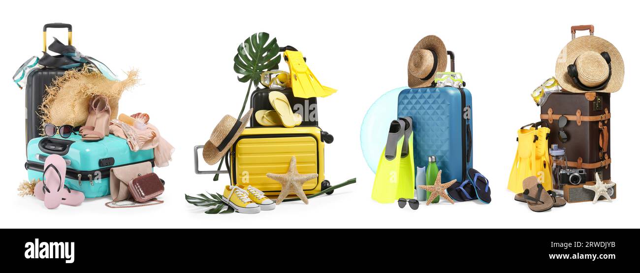 Ensemble avec valises et accessoires de plage isolé sur blanc Banque D'Images