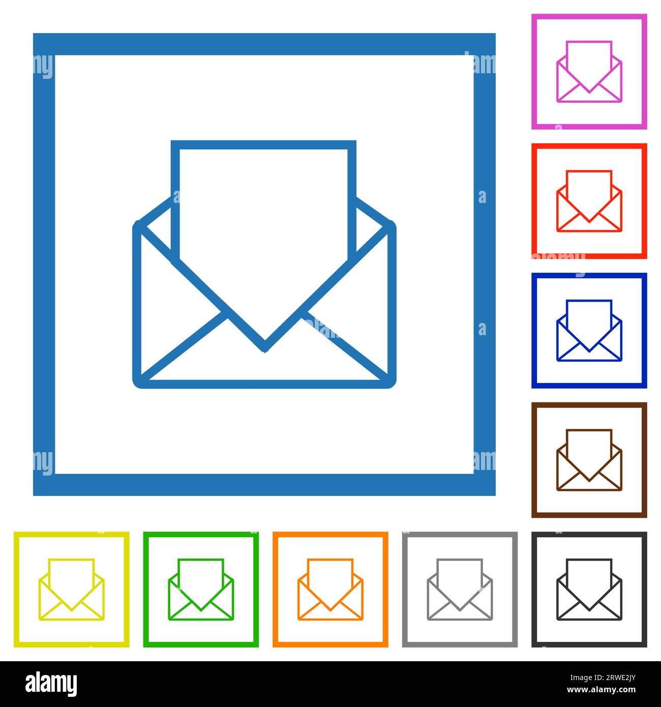 Ouvrez le courrier avec des icônes de couleur plate de contour de lettre vierge dans des cadres carrés sur fond blanc Illustration de Vecteur