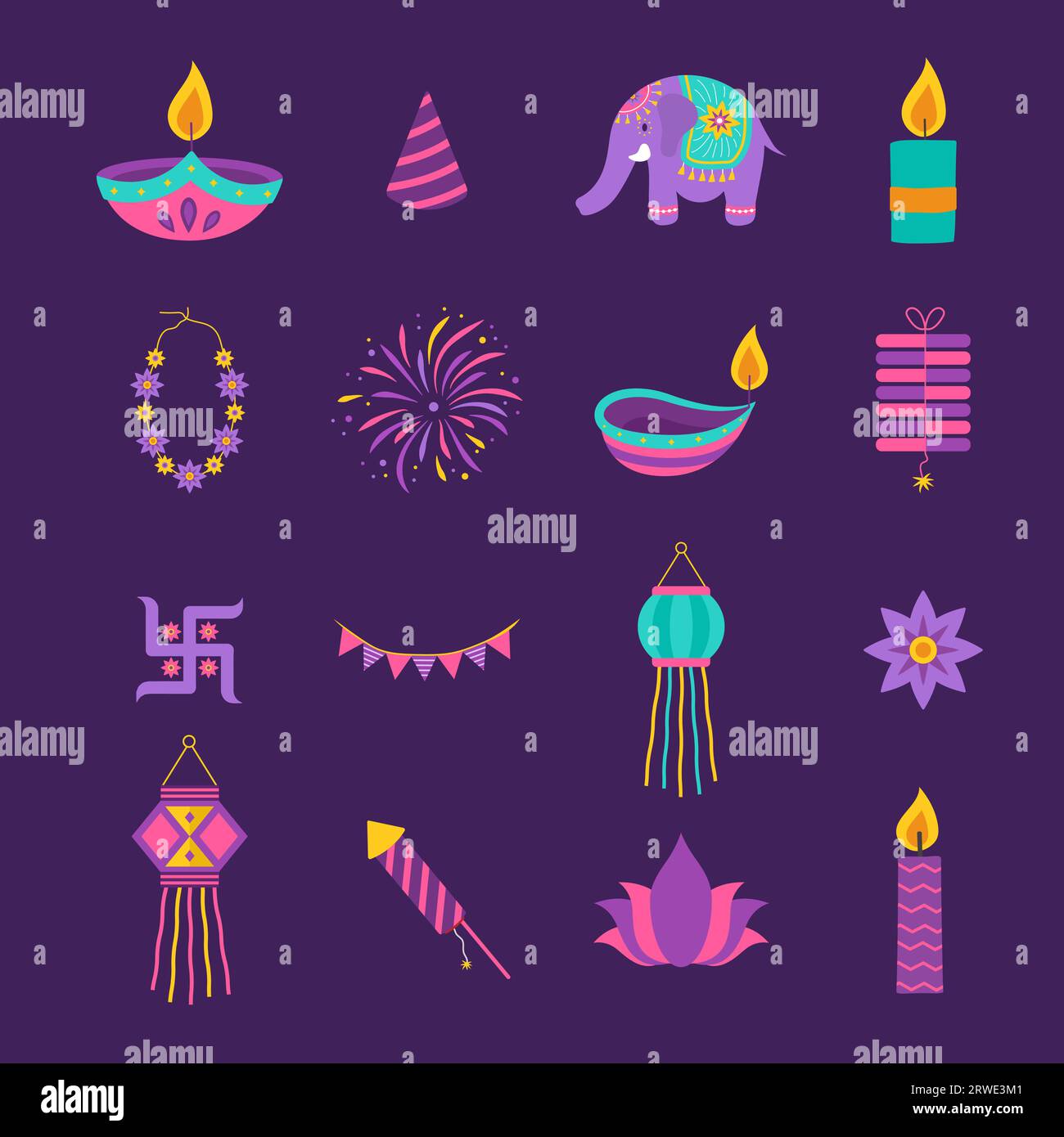 Éléments Diwali. Ensemble d'icônes du festival indien des lumières. Signes deepavali colorés sur fond violet. Illustration vectorielle dans le style de dessin animé plat Illustration de Vecteur