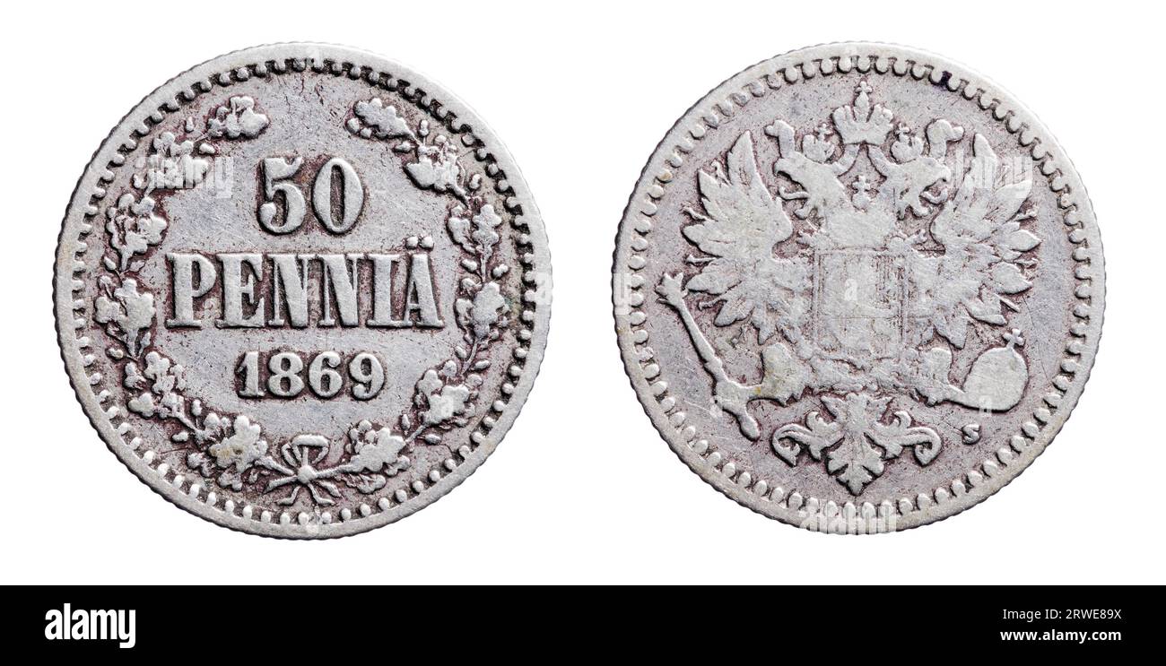 Vieille pièce en argent finlandais de 50 penny (penni) de 1869 Banque D'Images