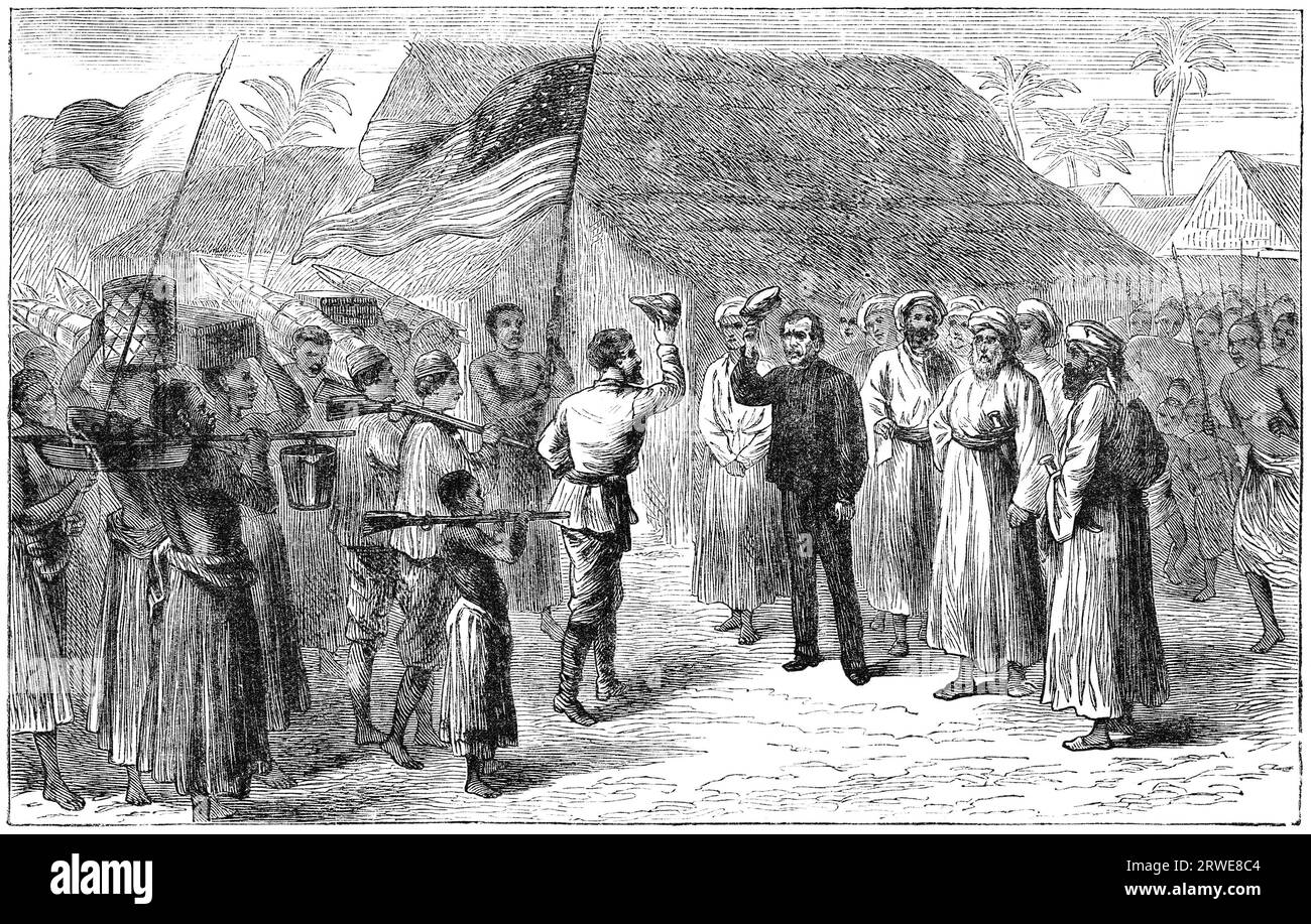 Stanley rencontre Livingstone. Œuvre historique de la rencontre légendaire entre Henry Morton Stanley (à gauche) et David Livingstone (à droite) en Afrique Banque D'Images