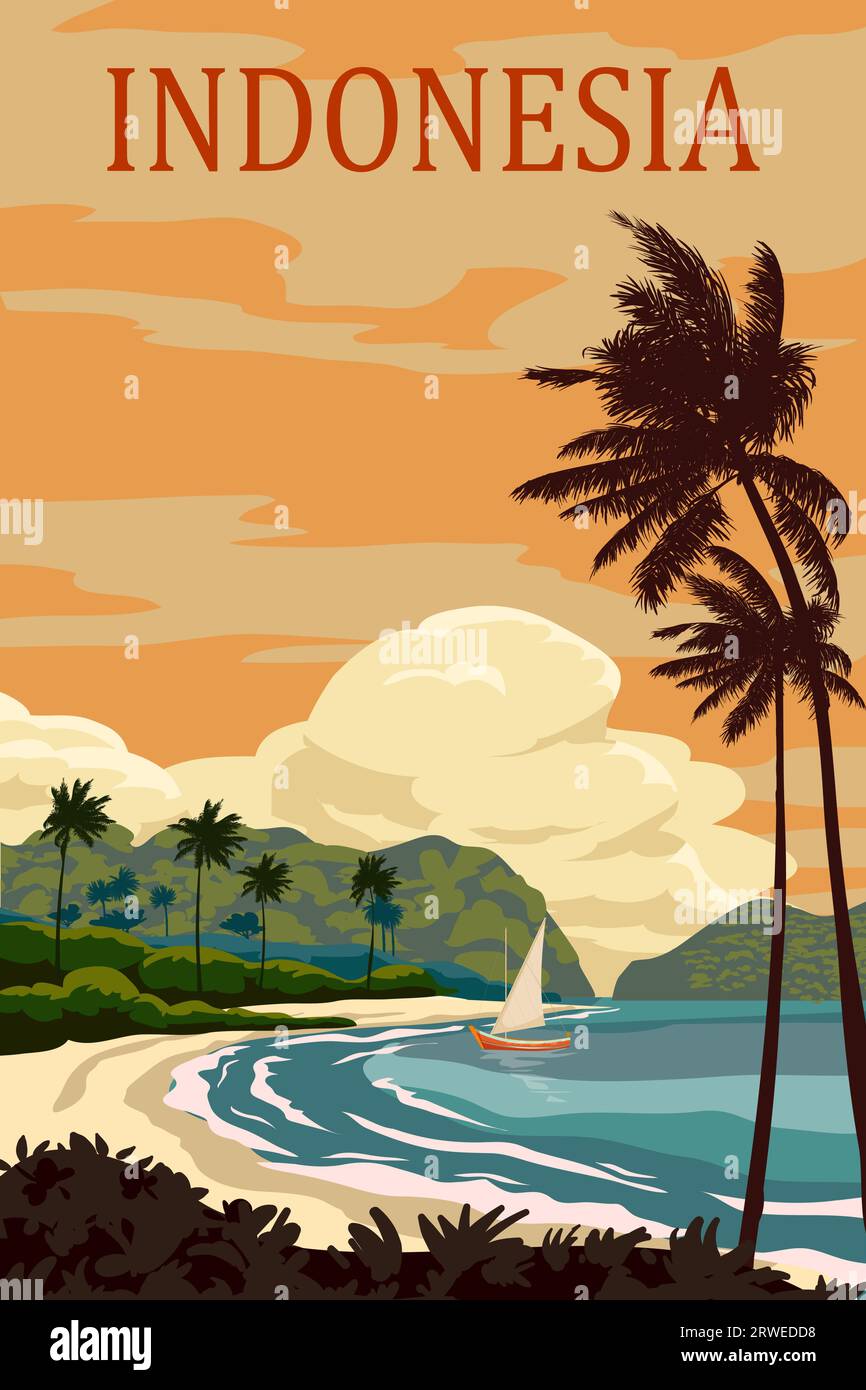 Affiche de voyage Indonésie tropical Island Resort vintage Illustration de Vecteur