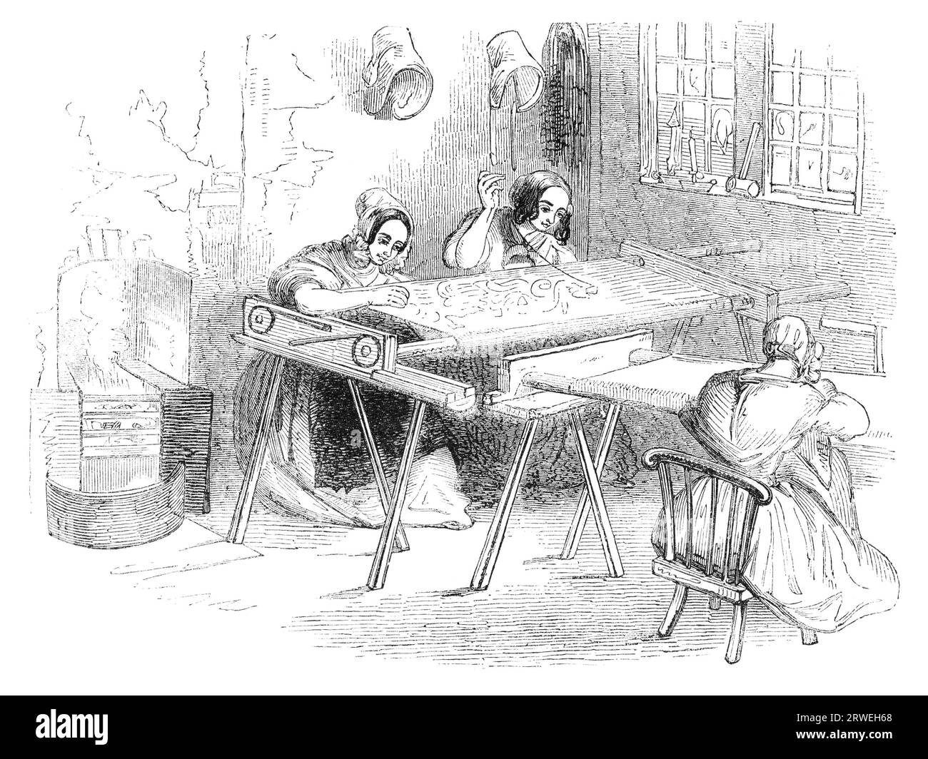 Une journée chez Nottingham Lace-Manufacturers : les coureurs à lacets ou les broiders au travail. Gravure d'un magazine britannique imprimé en 1843 Banque D'Images