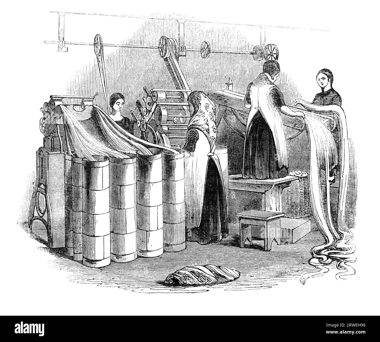 Une journée aux Yorkshire Worsted-Factories : dessiner le Worsted en diapositives. Illustration d'un magazine anglais imprimé en 1844 Banque D'Images