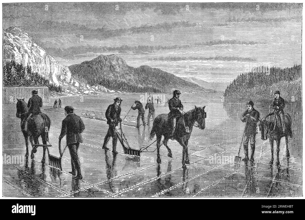 Récolte de glace sur la rivière Hudson. Gravure d'un magazine imprimé en 1873 Banque D'Images