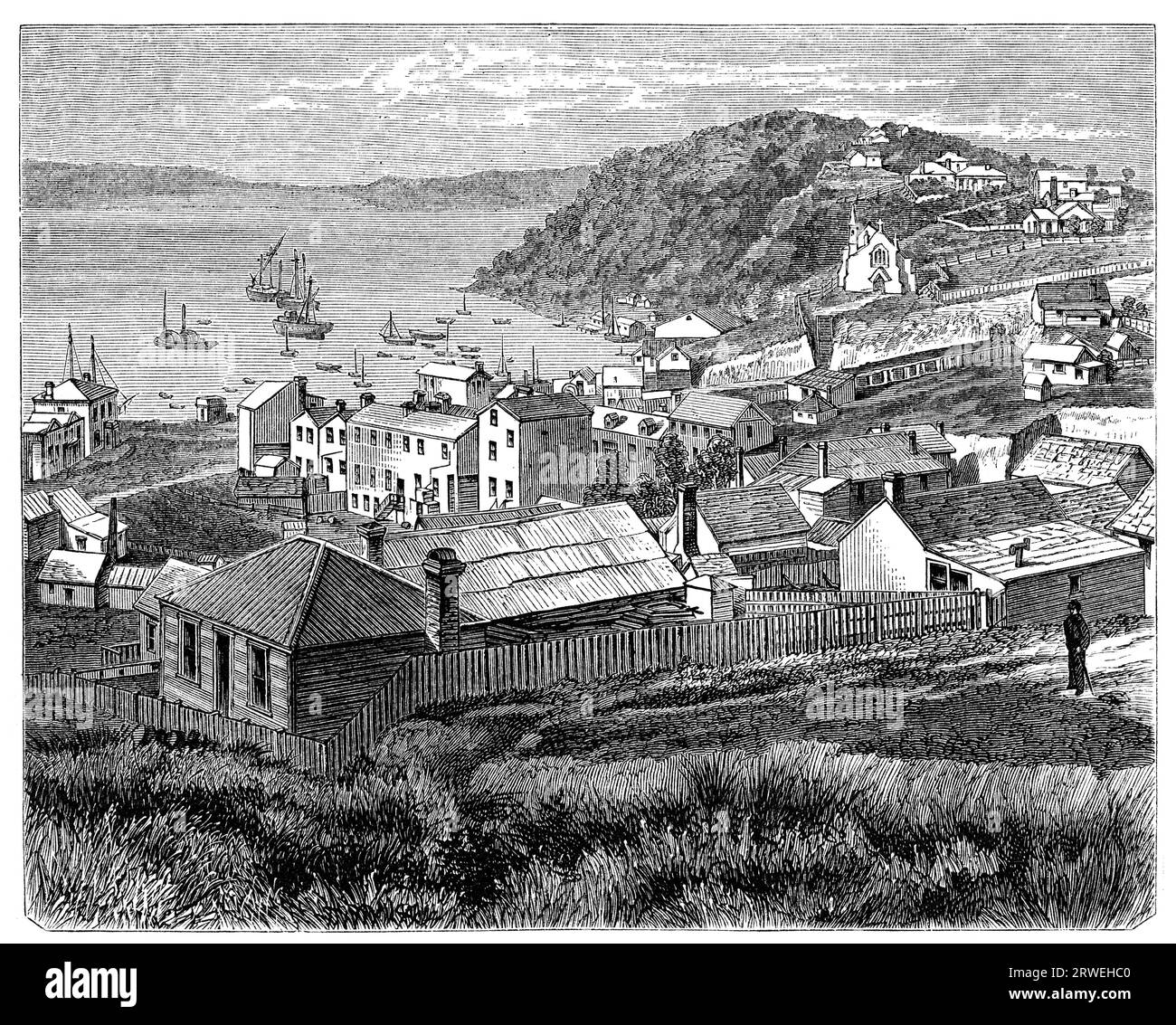 Port Chalmers, Nouvelle-Zélande. Illustration d'un magazine imprimé en 1870 Banque D'Images