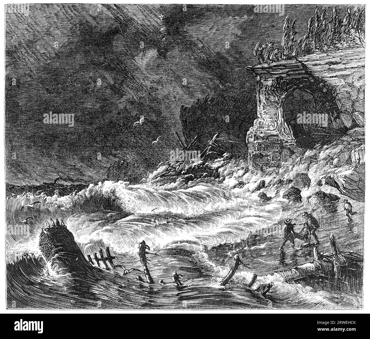 Une scène de tempête sur le lac supérieur. Naufrage sur la plage. Illustration d'un magazine imprimé en 1870 Banque D'Images