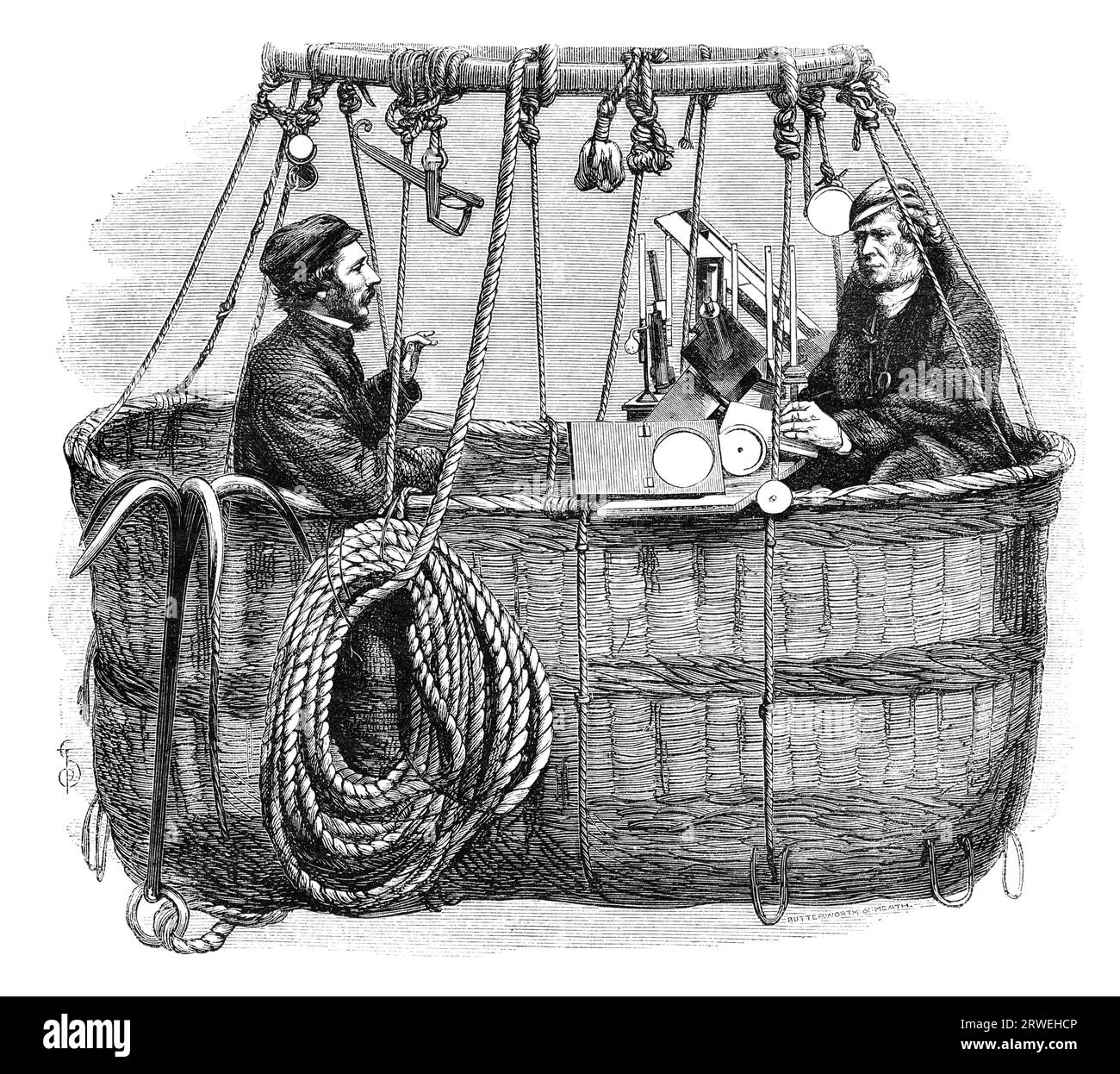 James Glaisher et Henry Tracey Coxwell assis dans la voiture de leur montgolfière avec des instruments scientifiques. Illustration d'un anglais Banque D'Images
