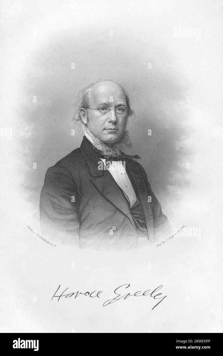 Horace Greeley (1811-1872) était un rédacteur en chef de journal américain, un fondateur du Parti républicain libéral, un réformateur et un politicien. Gravure sur acier Banque D'Images