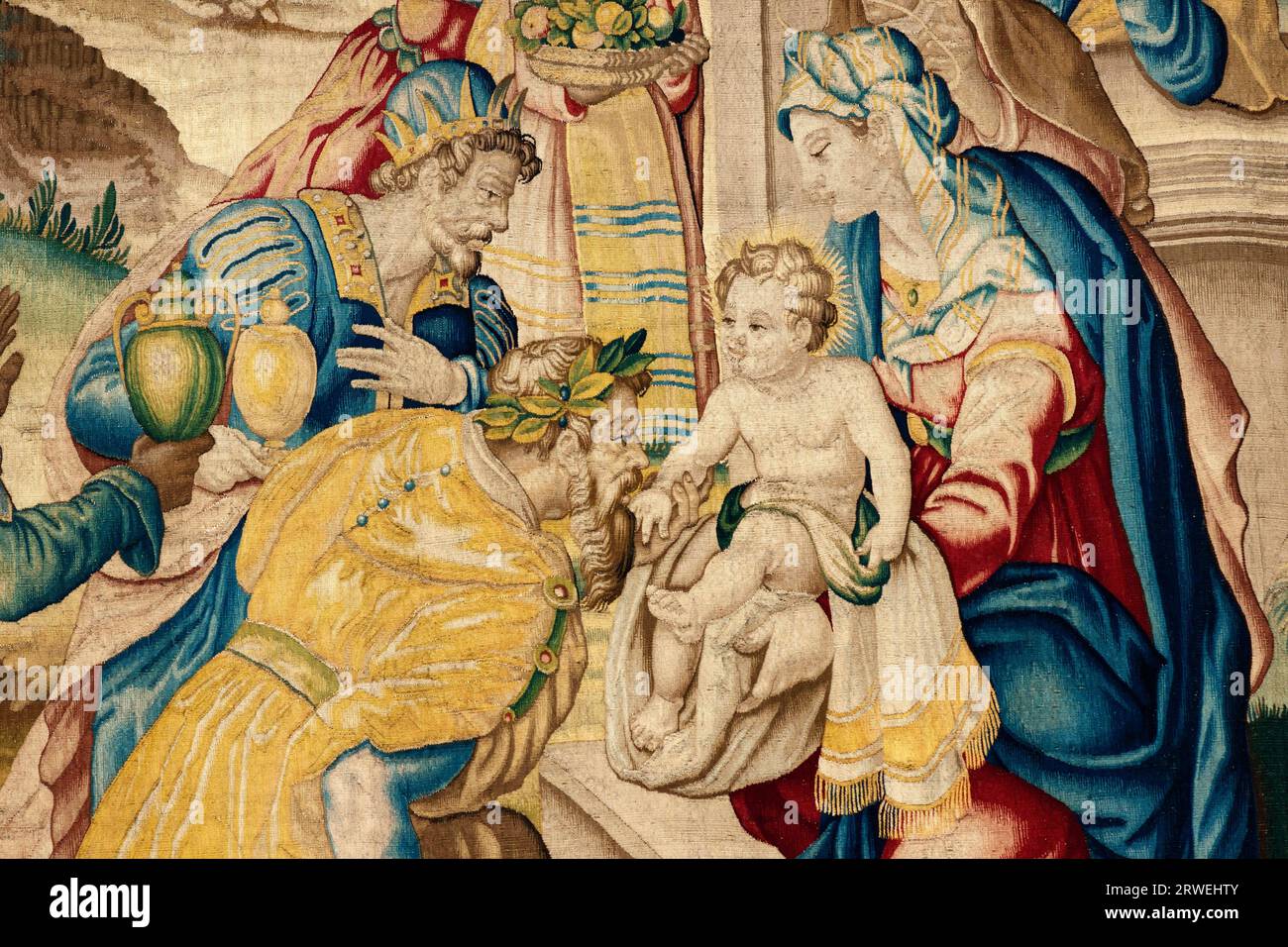 Adoration des Mages, représentée sur une tapisserie, dans la Basilioka Santa Maria Maggiore à Bergmo Banque D'Images