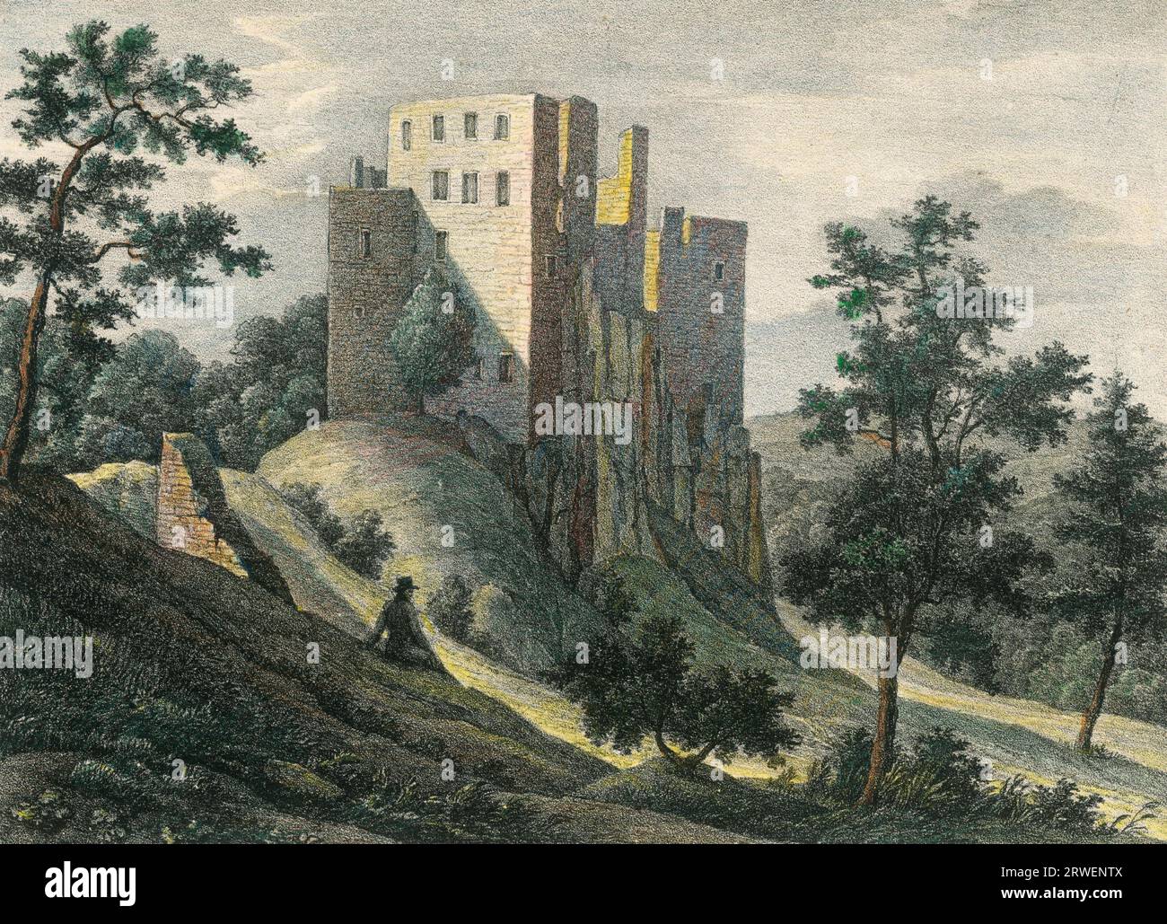 Ruine du château de montagne de Hrusso, Hrusov, 1830, dans le comté de Baar en Hongrie, aujourd'hui une municipalité en Slovaquie, reproduction historique restaurée numériquement à partir d'un modèle du 19e siècle Banque D'Images