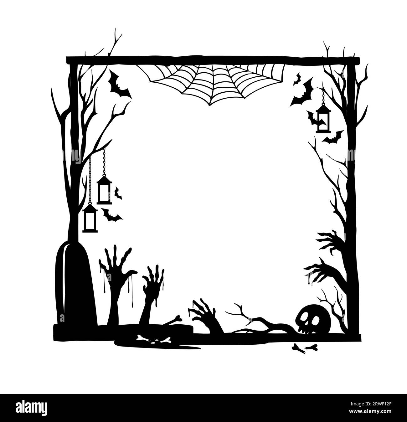 Cadre noir de vacances Halloween. Bordure décorative carrée isolée et sinistre avec un tombeau de cimetière effrayante, des mains de zombies obsédantes, des chauves-souris, un crâne, une toile d'araignée et des lanternes accrochées à des branches d'arbres effrayantes Illustration de Vecteur