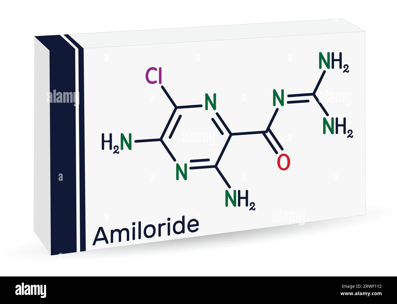 Molécule d'amiloride. C'est un composé de pyrizine utilisé pour traiter l'hypertension, l'insuffisance cardiaque congestive. Formule chimique squelettique. Emballage en papier pour médicaments Illustration de Vecteur