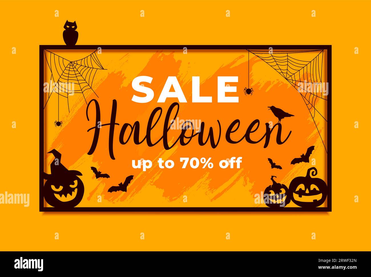 Bannière grunge des fêtes d'Halloween de vente de vacances Trick or Treat. Carte vectorielle d'offre spéciale de réduction avec des citrouilles d'horreur, des chauves-souris et des araignées, des silhouettes de chat noir et de corbeau dans un cadre carré avec toile d'araignée Illustration de Vecteur