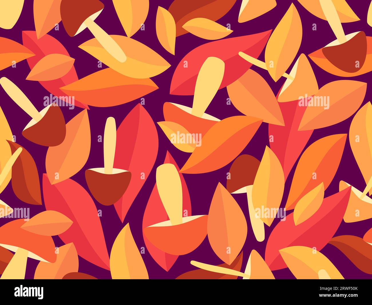 Champignons avec des feuilles d'automne modèle sans couture. Fond d'automne avec différents champignons et feuilles dans des tons rouges. Conception pour papier peint, impression, typog Illustration de Vecteur