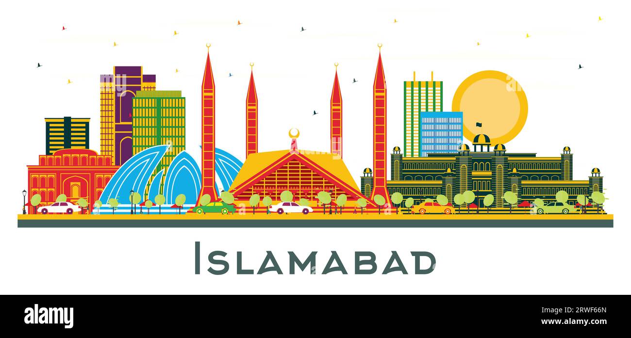 Islamabad Pakistan City Skyline avec des bâtiments de couleur isolés sur blanc. Illustration vectorielle. Voyage d'affaires et concept de tourisme. Illustration de Vecteur