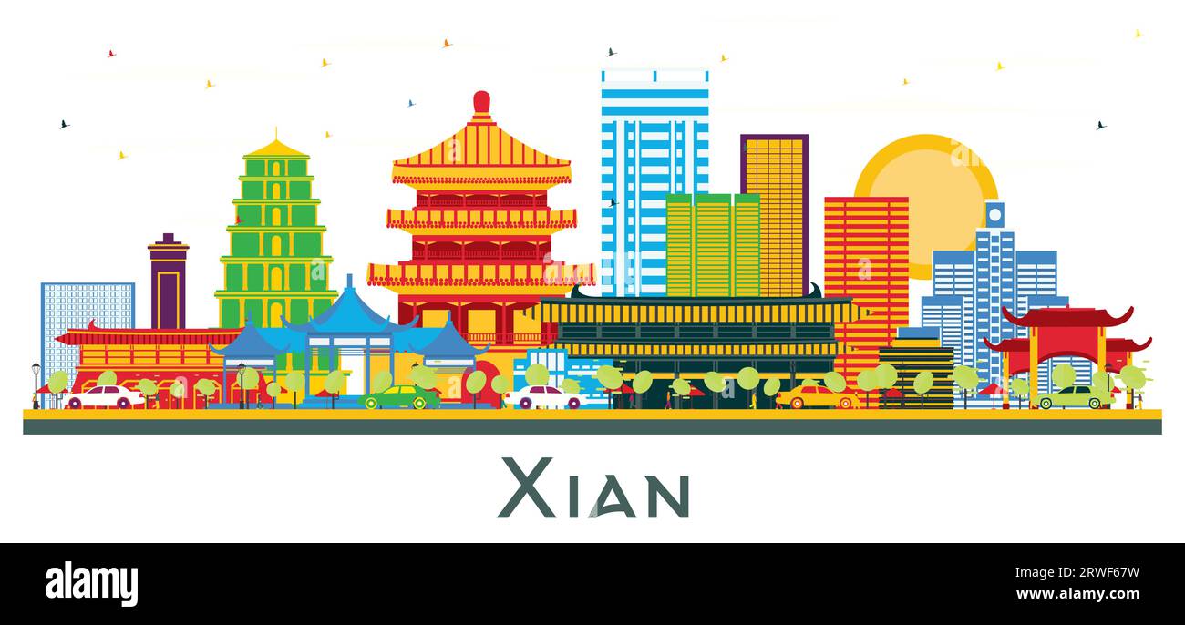 Xian China City Skyline avec des bâtiments de couleur isolés sur blanc. Illustration vectorielle. Voyage d'affaires et concept de tourisme avec architecture historique. Illustration de Vecteur