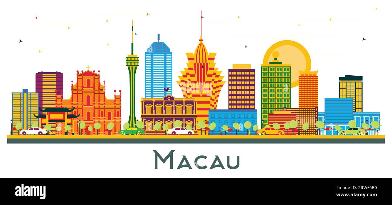 Macao China City Skyline avec bâtiments de couleur isolés sur blanc. Illustration vectorielle. Voyage d'affaires et concept de tourisme avec architecture moderne. Illustration de Vecteur