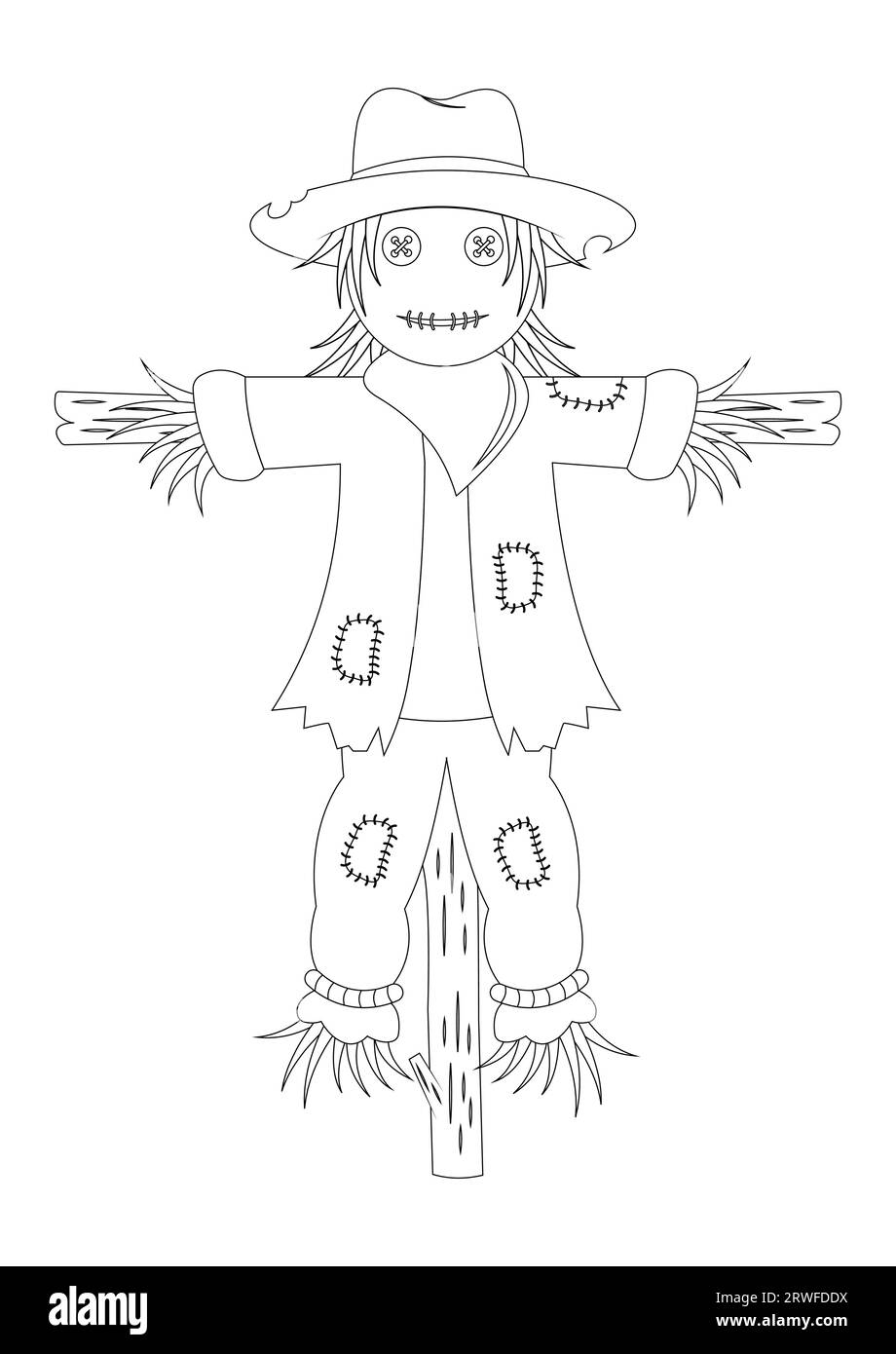 Épouvantails noir et blanc sur bâtons en bois illustration vectorielle. Coloriage d'épouvantails sur des bâtons de bois Illustration de Vecteur