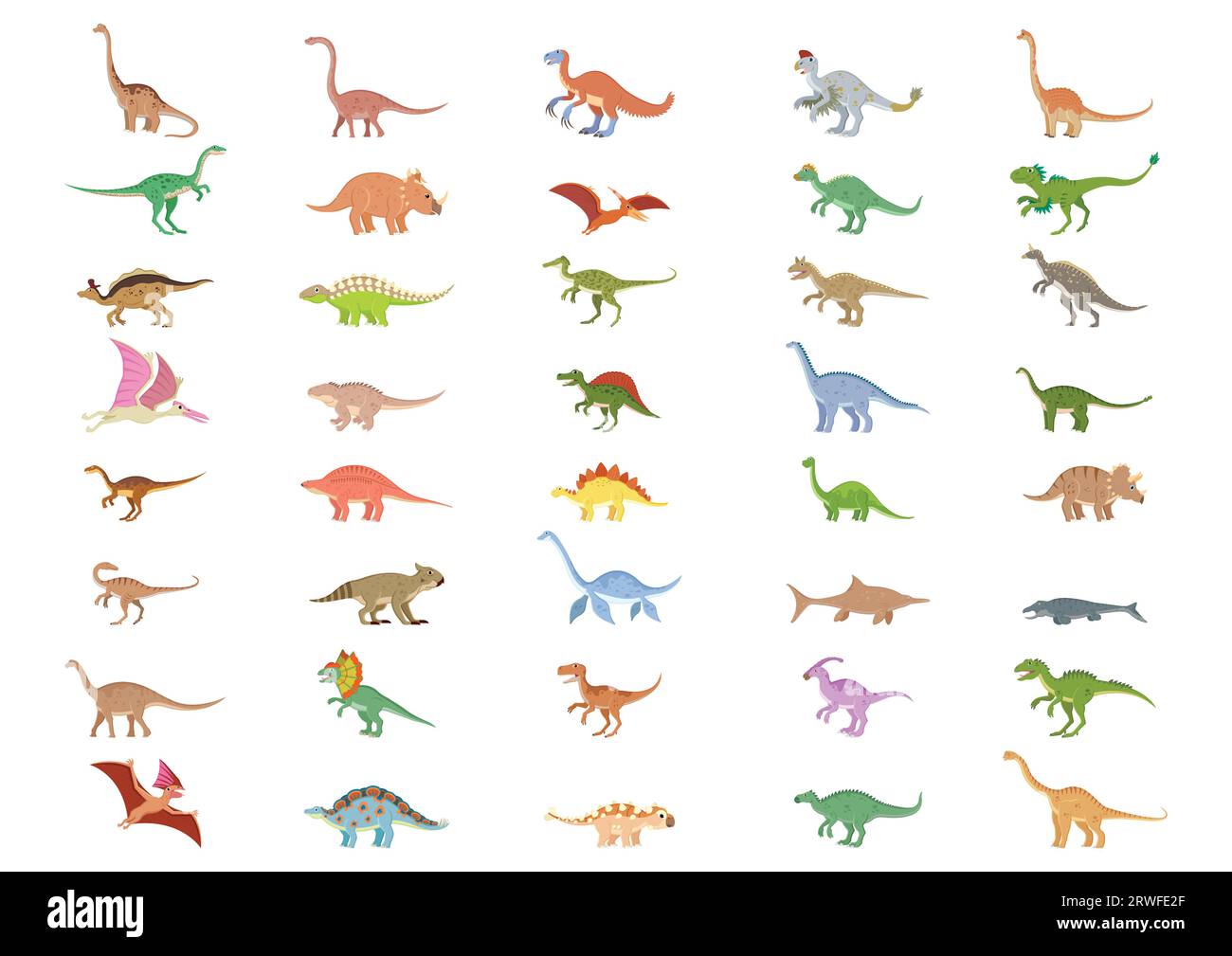 Différents types d'illustration vectorielle de collection de dinosaures. Ensemble de différents personnages de dessins animés dinosaures Illustration de Vecteur