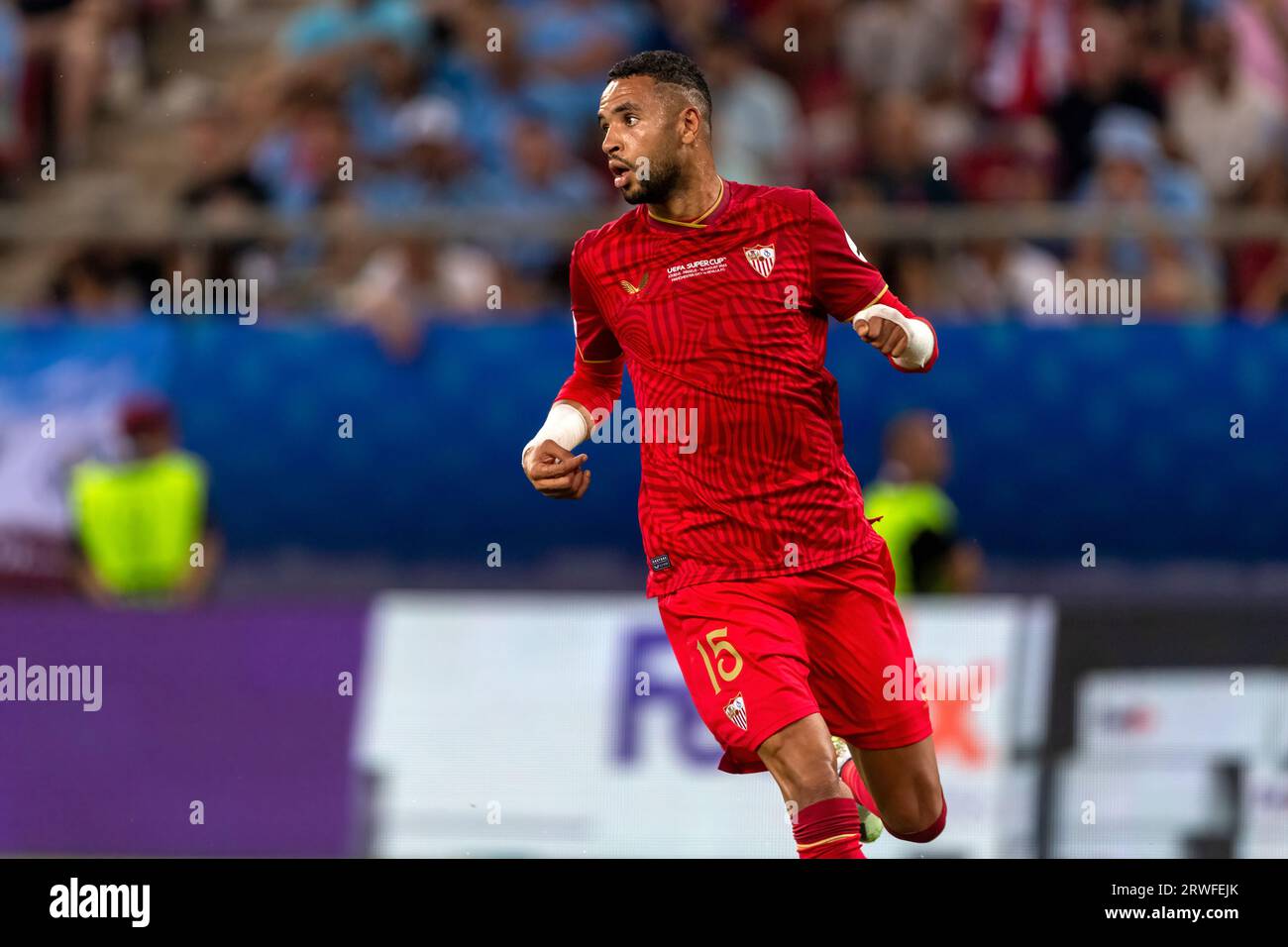 Athènes, Grèce - 16 août 2023 : joueur de Youssef en Nesyr en action lors du match final de la Super coupe de l'UEFA entre Manchester City et Séville à St Banque D'Images