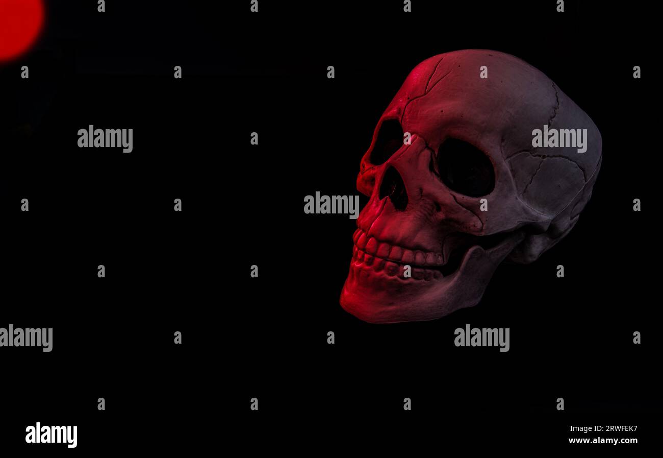 Scull éclairé par une lampe rouge isolée sur fond noir. Banque D'Images
