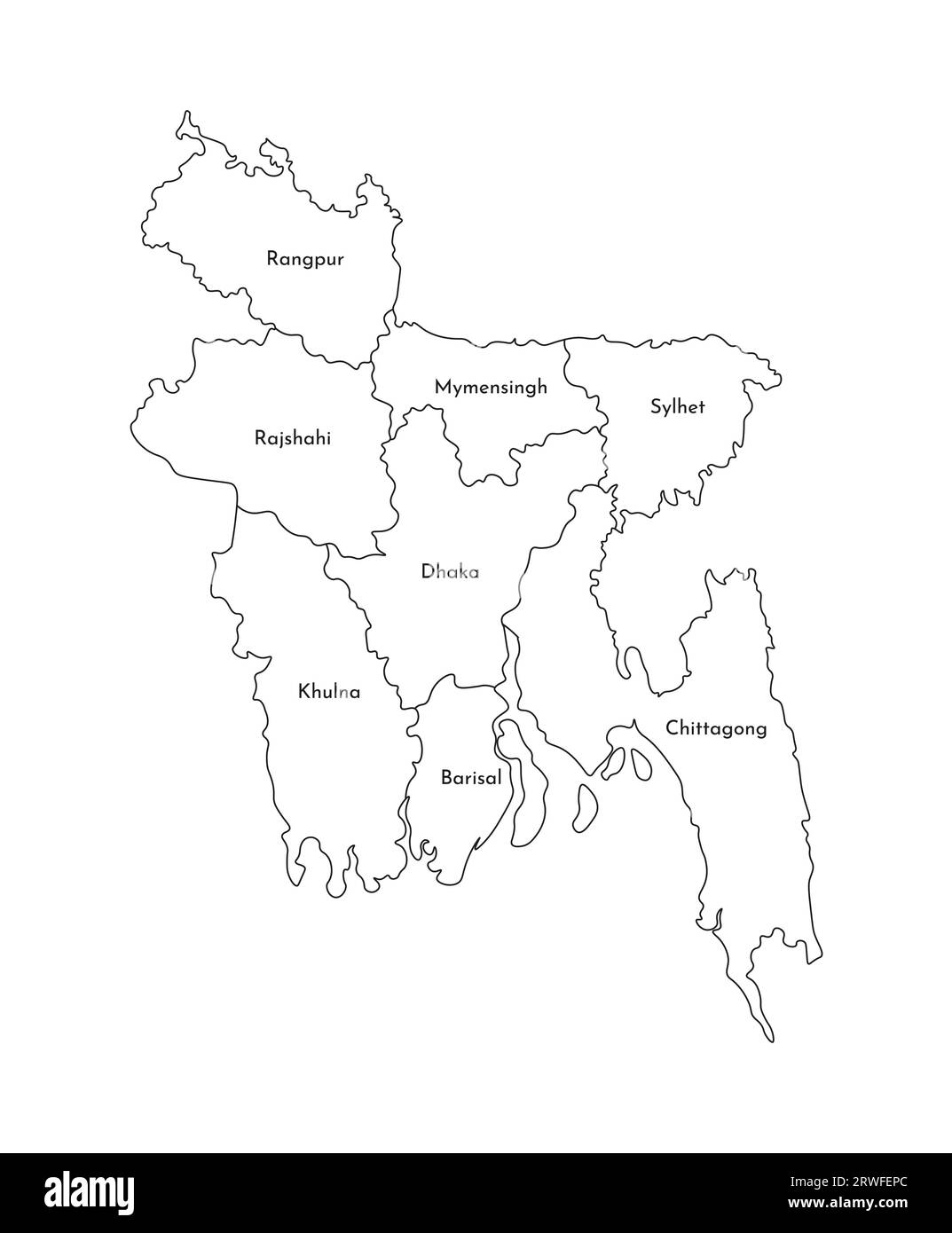 Illustration isolée vectorielle de la carte administrative simplifiée du Bangladesh. Frontières et noms des régions. Silhouettes de lignes noires. Illustration de Vecteur