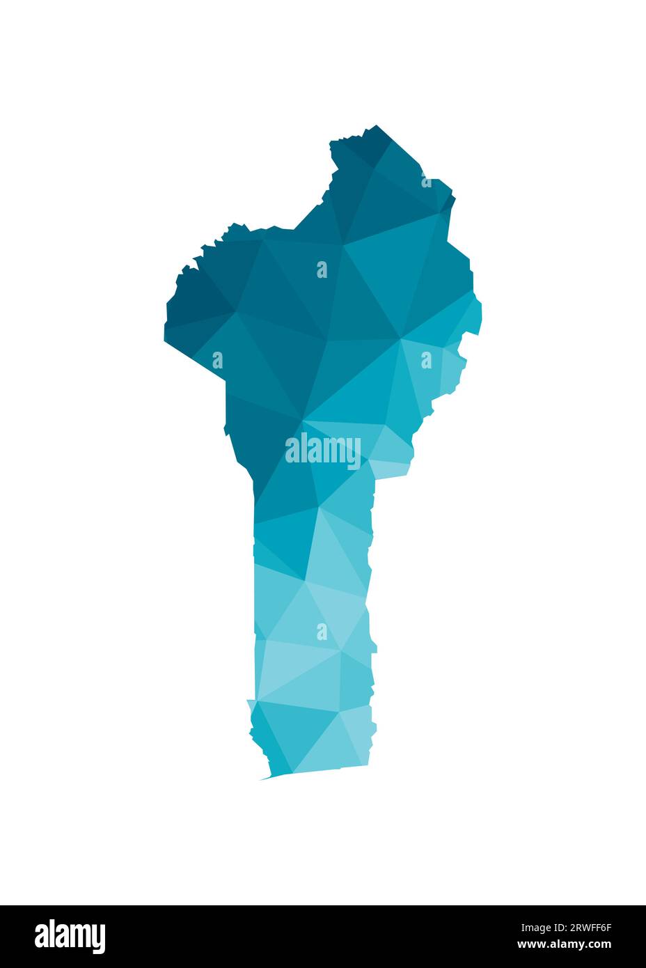 Icône d'illustration isolée vectorielle avec silhouette bleue simplifiée de la carte de la République du Bénin. Style géométrique polygonal, formes triangulaires. Fond blanc Illustration de Vecteur