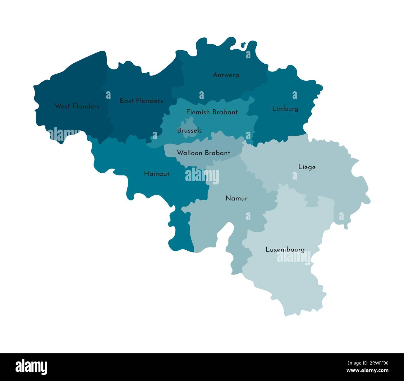 Illustration isolée vectorielle de la carte administrative simplifiée de la Belgique. Frontières et noms des régions. Silhouettes kaki bleues colorées. Illustration de Vecteur