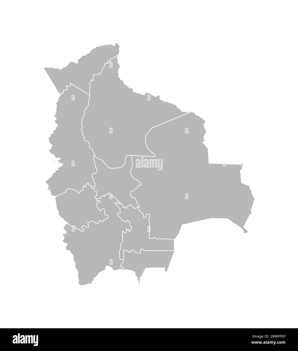 Illustration isolée vectorielle de la carte administrative simplifiée de la Bolivie. Frontières des départements (régions). Silhouettes grises. Contour blanc. Illustration de Vecteur