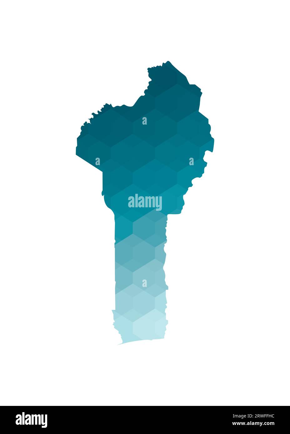Icône d'illustration isolée vectorielle avec silhouette bleue simplifiée de la carte du Bénin. Style géométrique polygonal. Fond blanc. Illustration de Vecteur