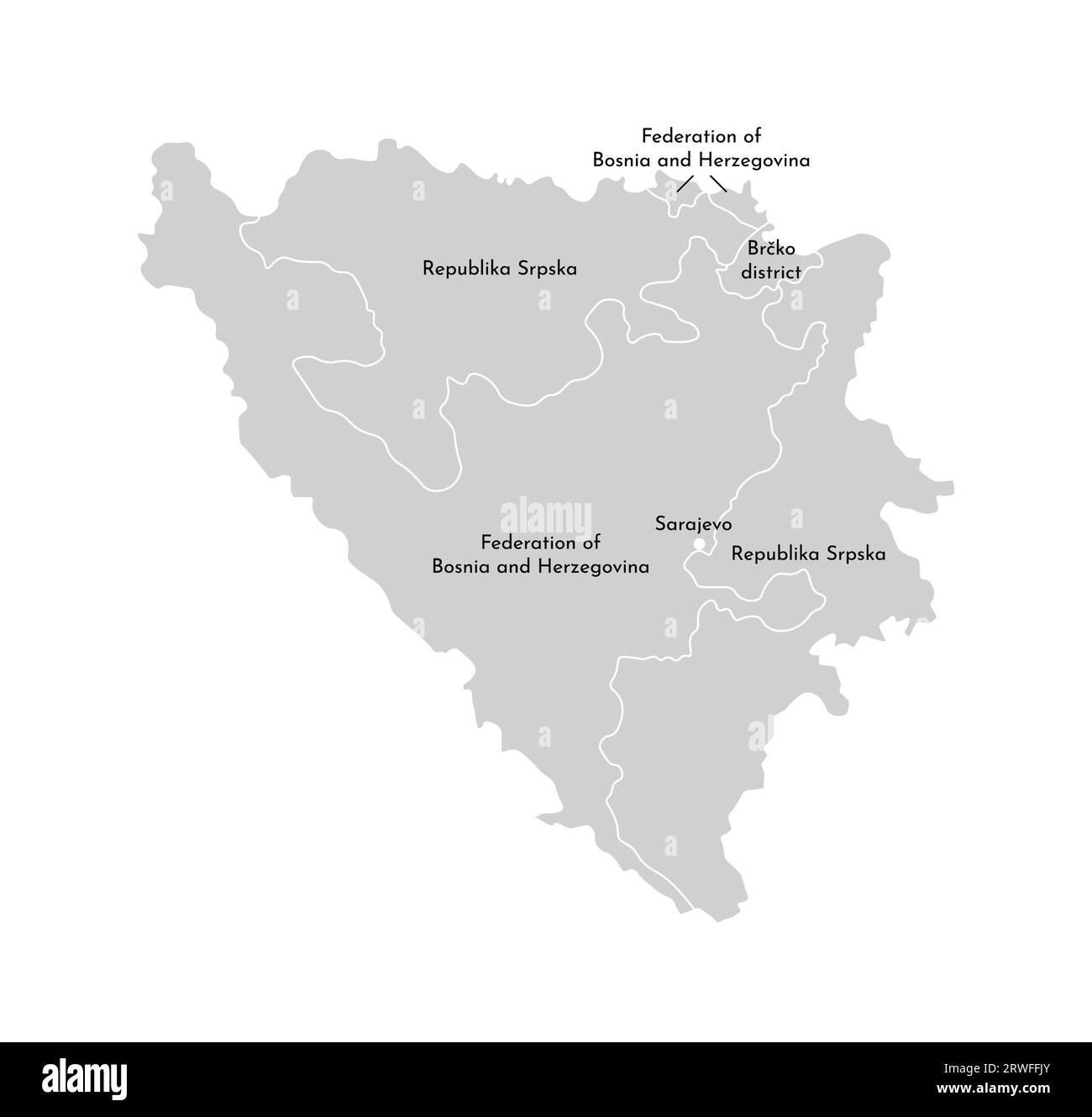 Illustration isolée vectorielle de la carte administrative simplifiée de la Bosnie-Herzégovine. Frontières et noms des provinces (régions). Silhouette grise Illustration de Vecteur